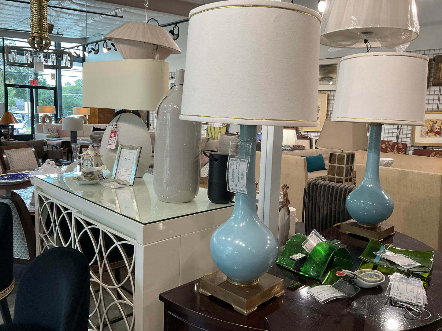 PAIR Turquoise Lamps on Brass Bases w/ White Shades/Gold Trim