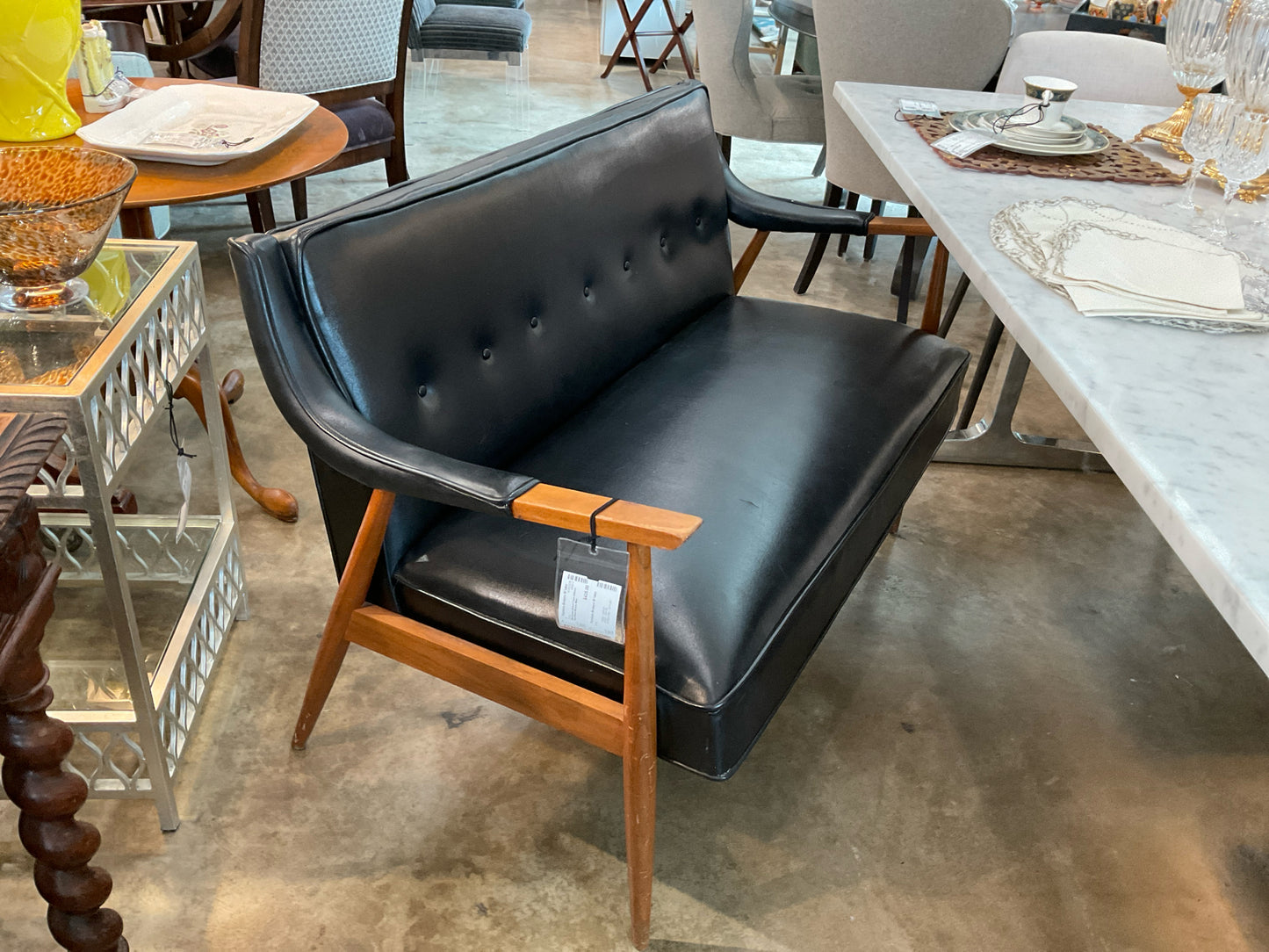 Mid-Century Walnut Frame w/Black Vinyl Settee Murphy Miller