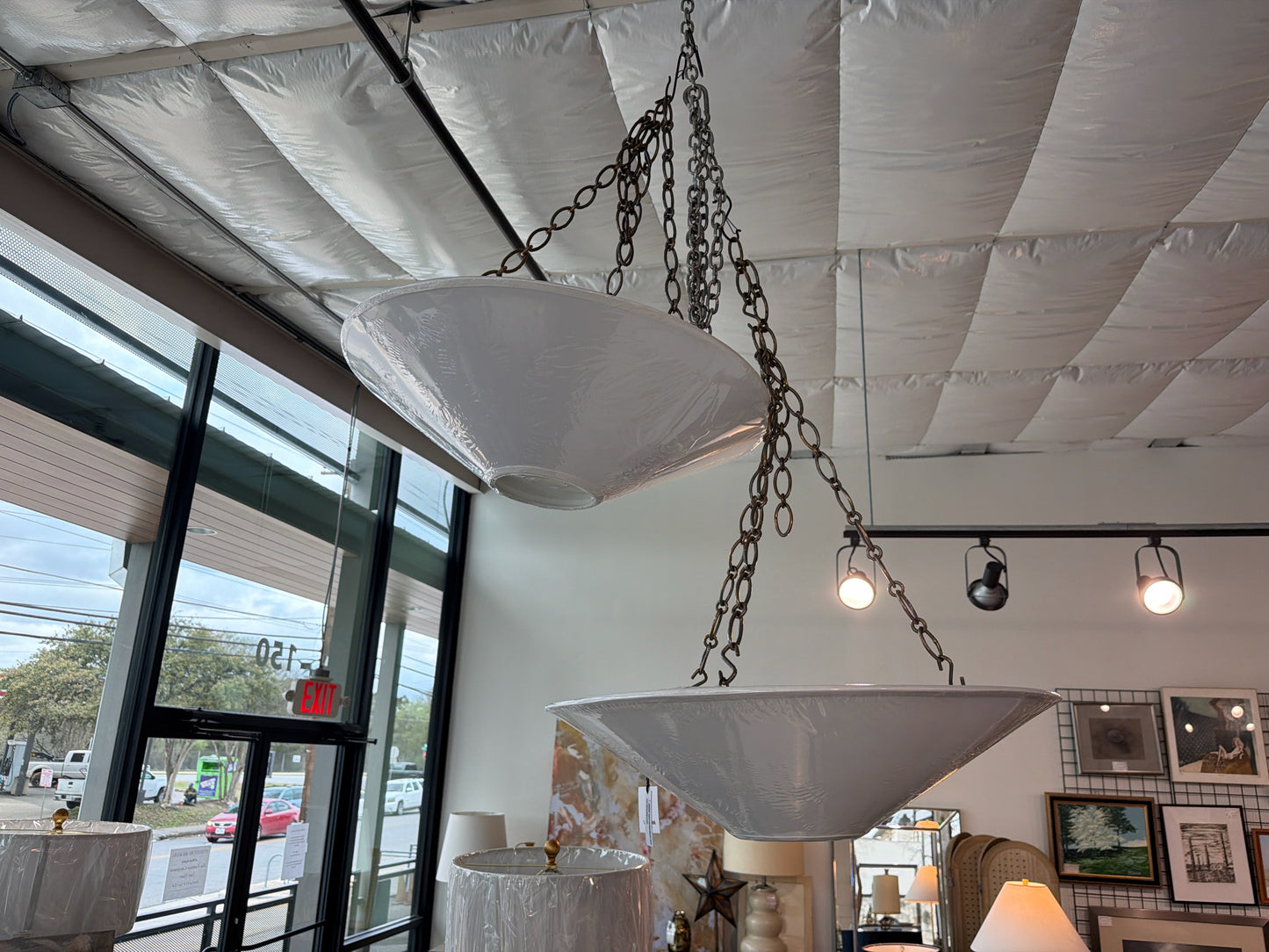 NEW CB2 Karamana 3 Light Fixture-Hardware behind desk