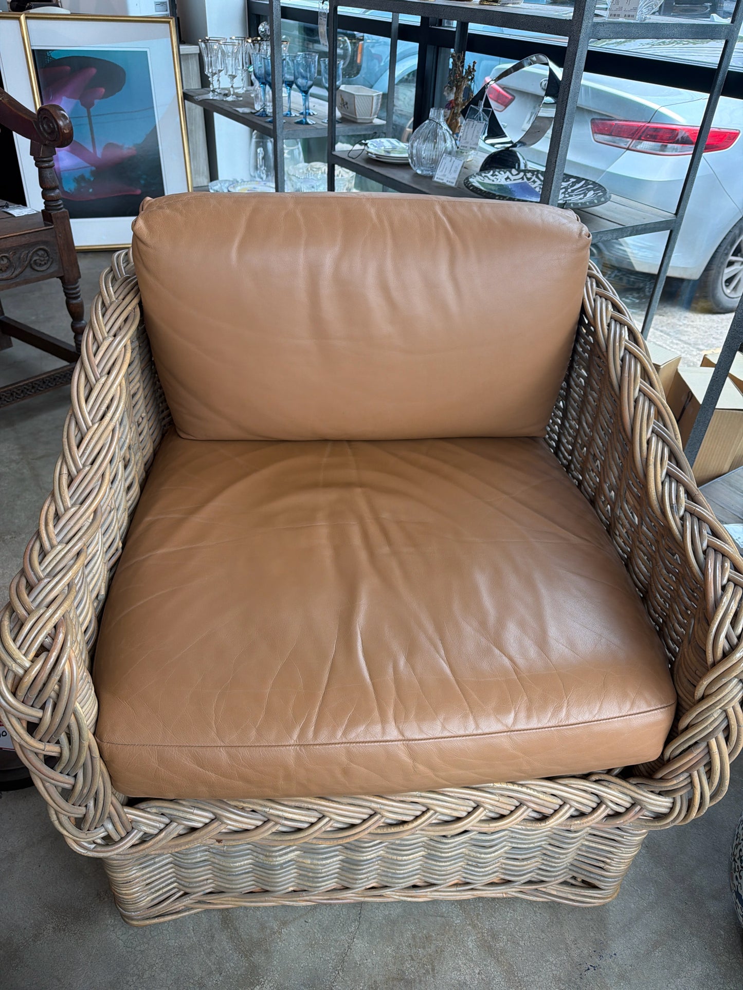 Vintage Rattan/Leather Swivel Chair