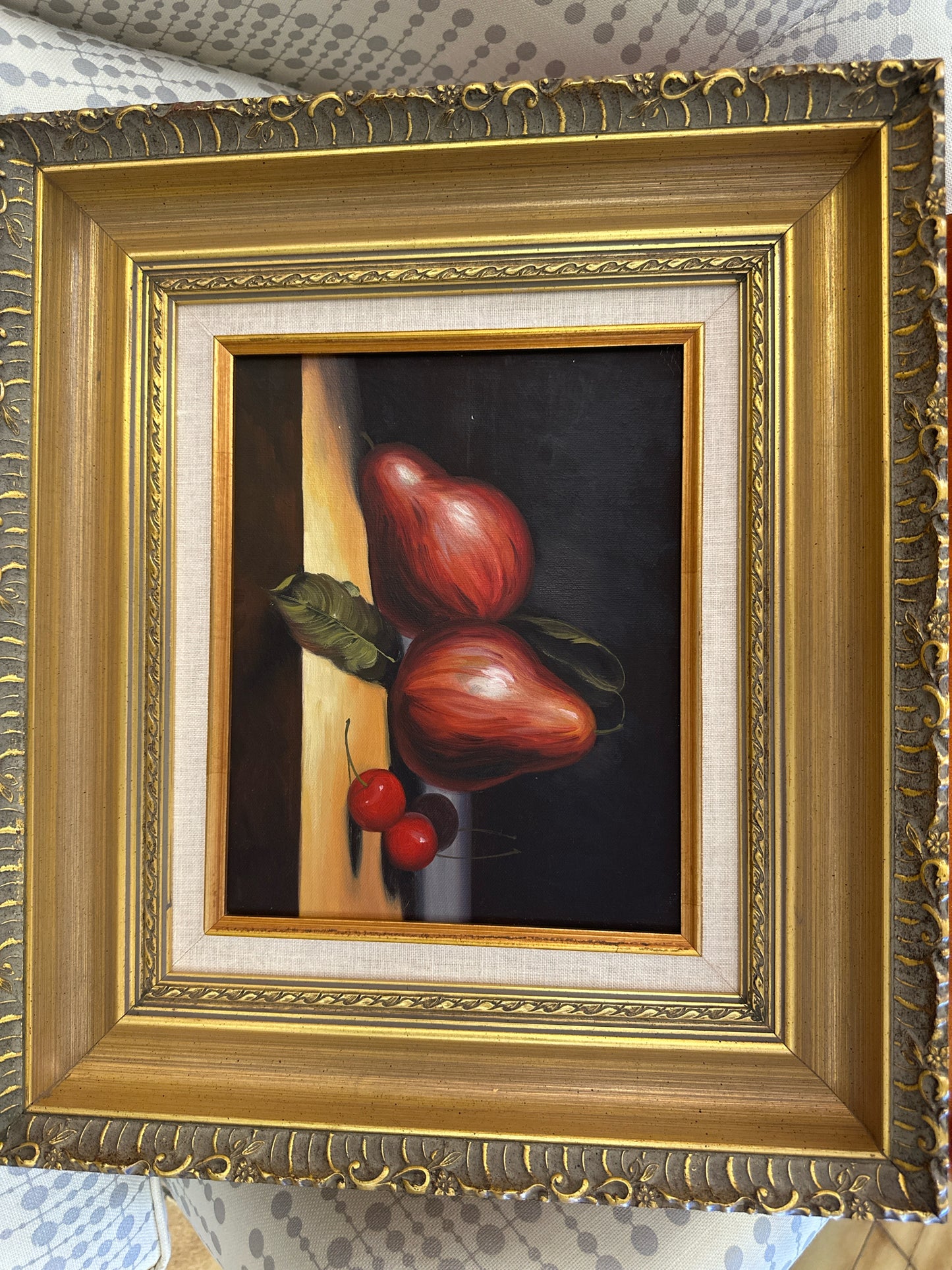 Still Life Pears w/ Cherries in Gold Frame 17 x 15
