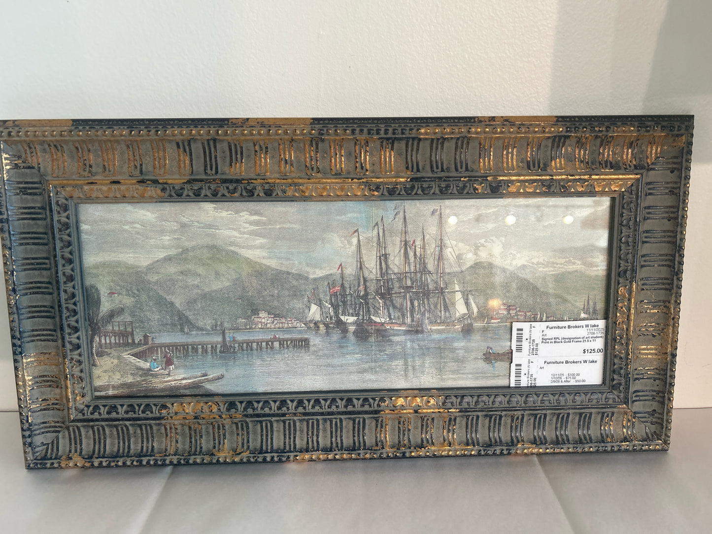 Signed RPL (designation of art student) Print in Black Gold Frame 21.5 x 11