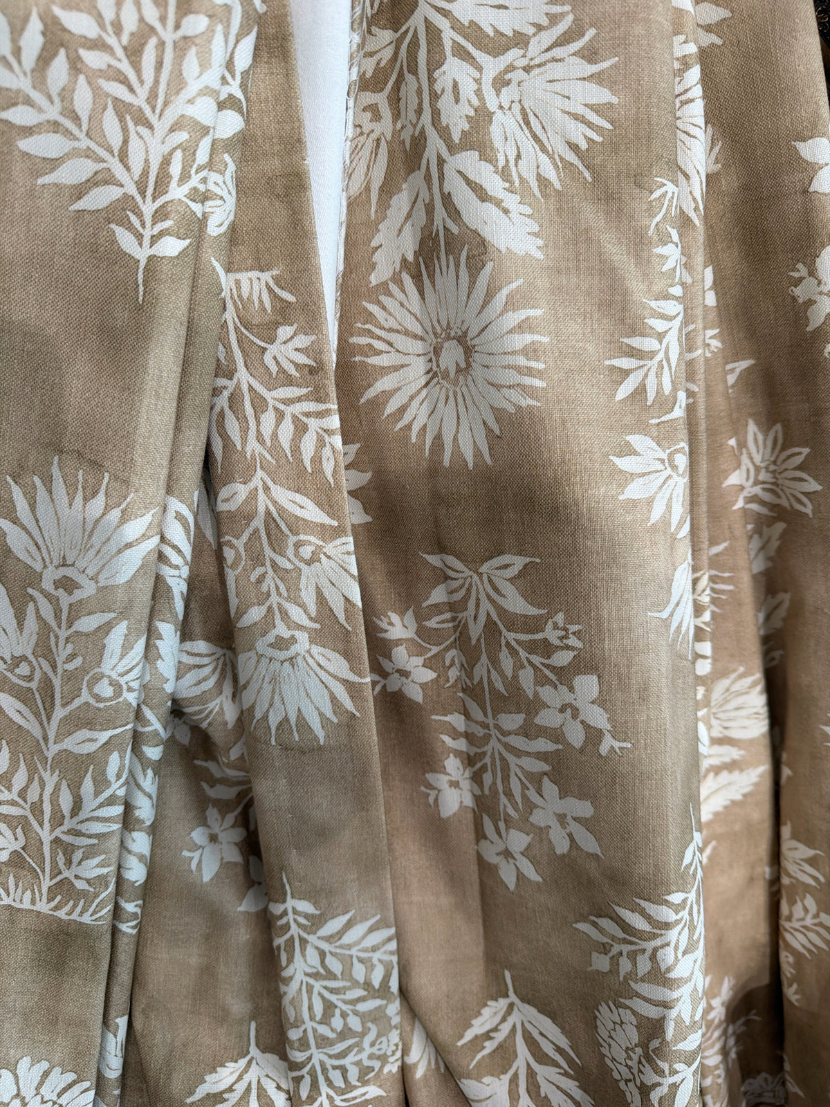 PAIR Custom Linen Floral Brown/ Cream Pin Pleated Curtains NEW 76"x80"