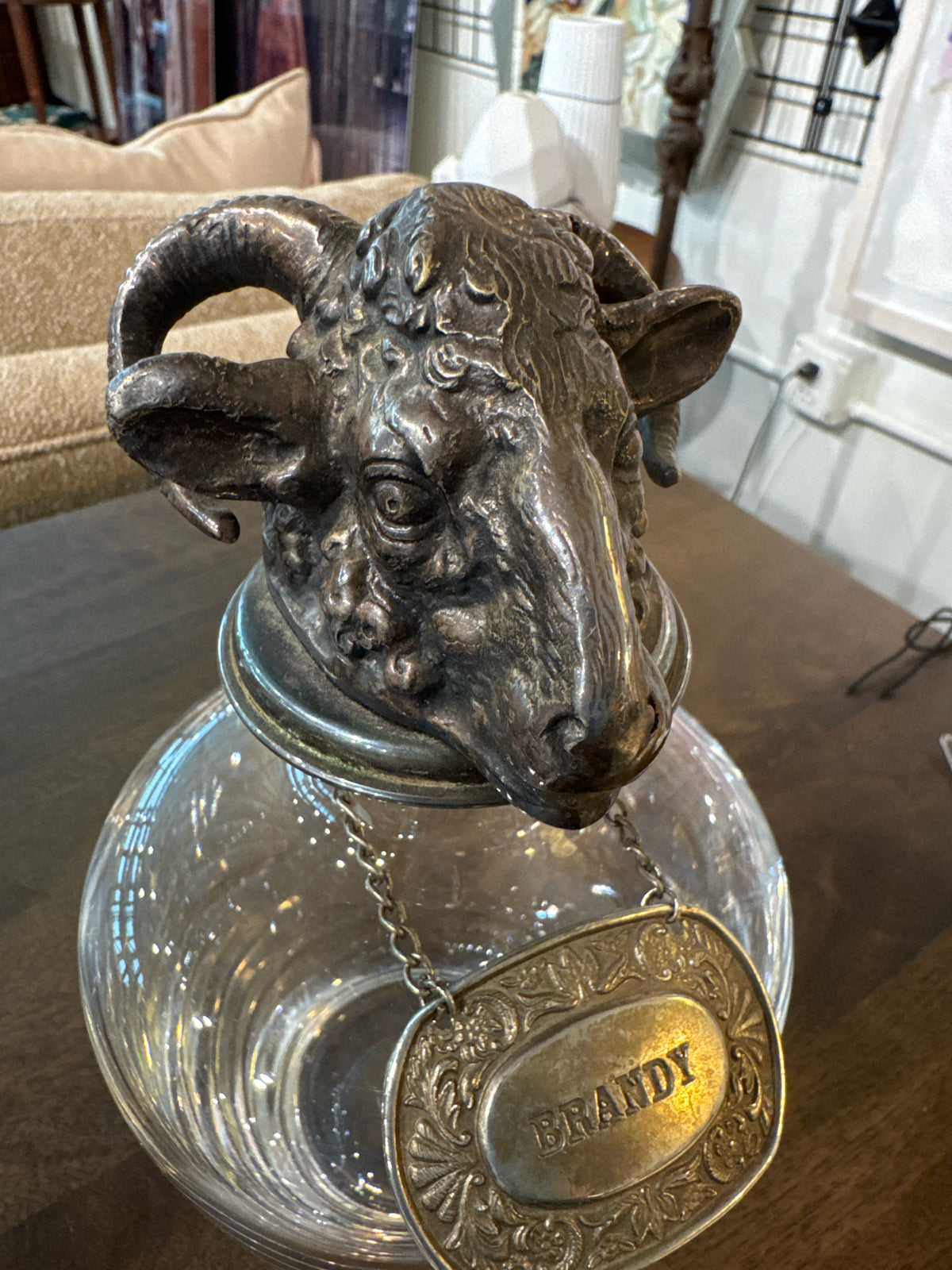 Crystal Decanter with Ram's Head Stopper and Brandy Tag
