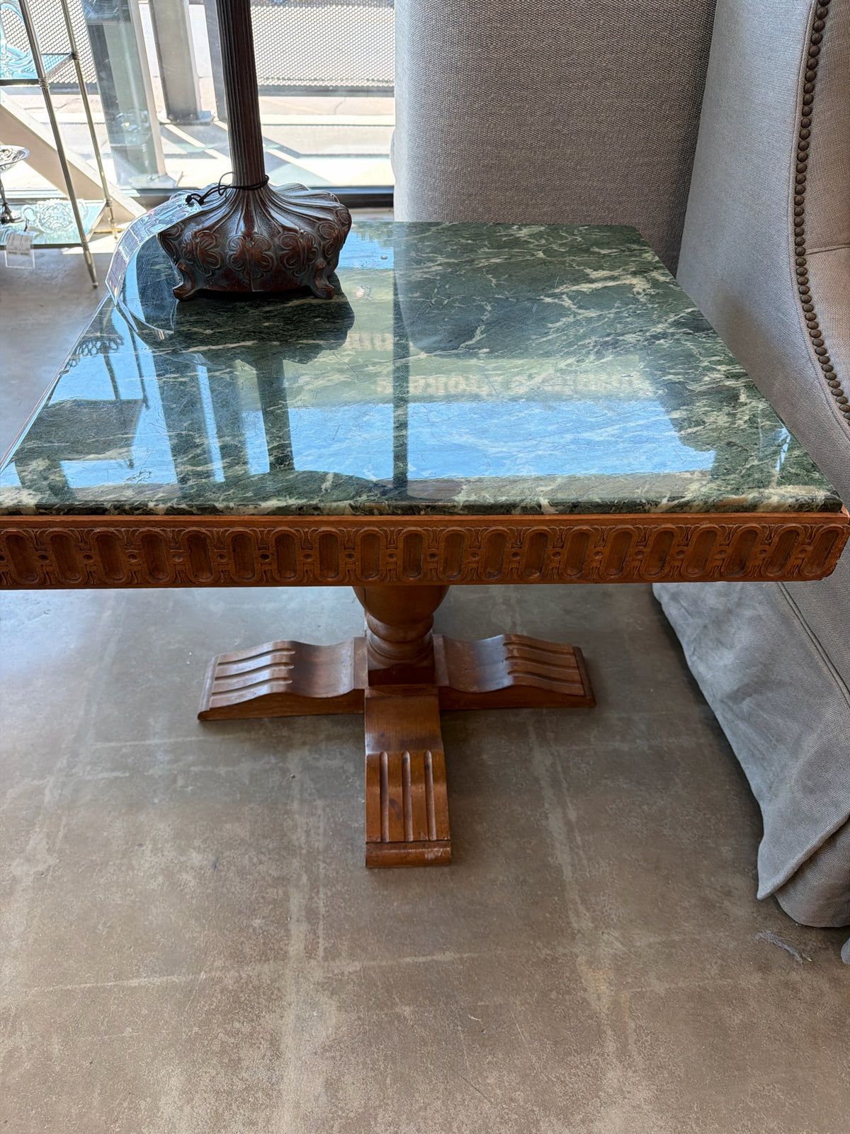 Vintage Green Marble Top End Table 24.5"sq X 21.5"h