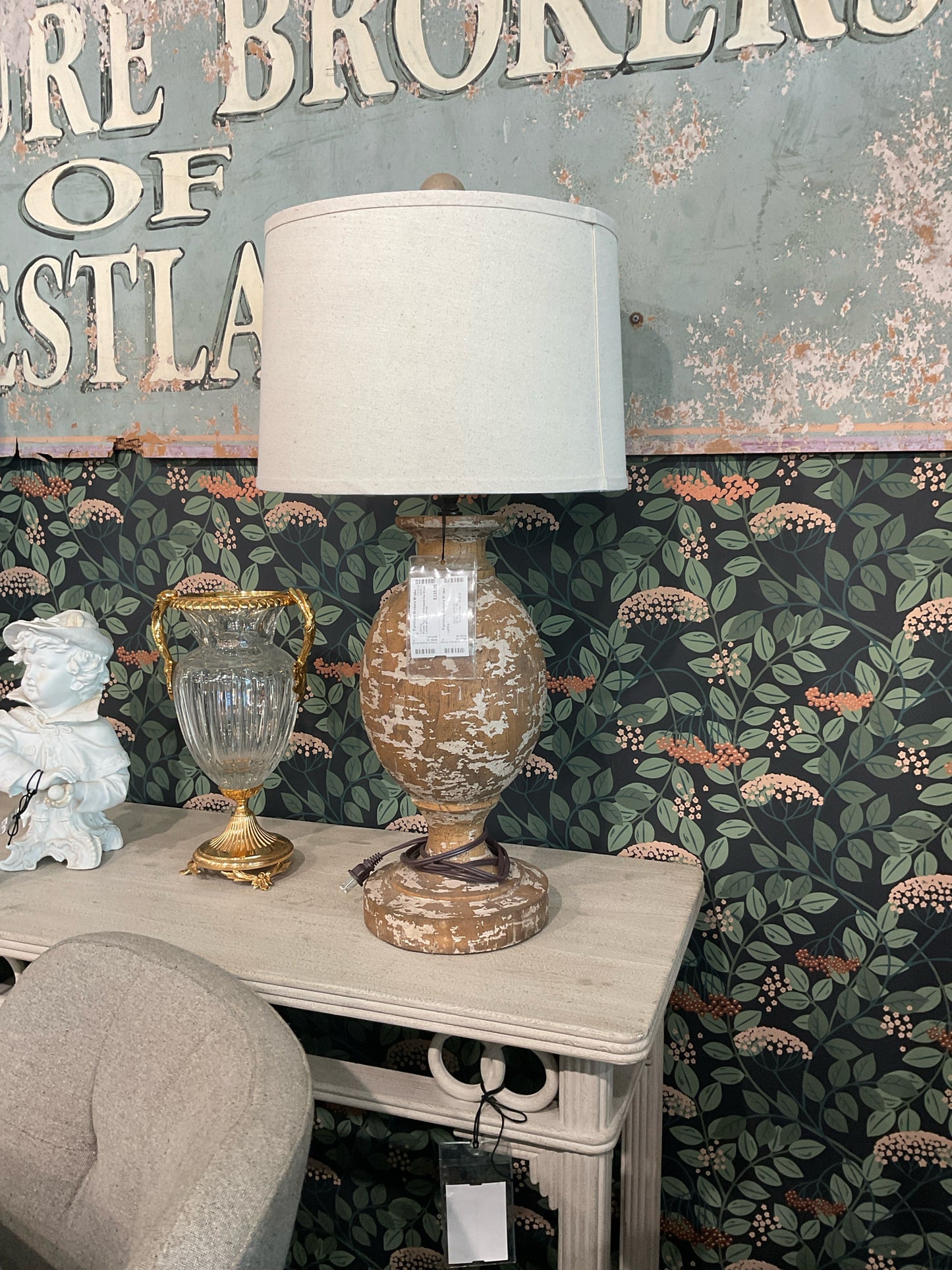 Round Top, 30H Distressed Oak Wood Lamps w/Linen Shade