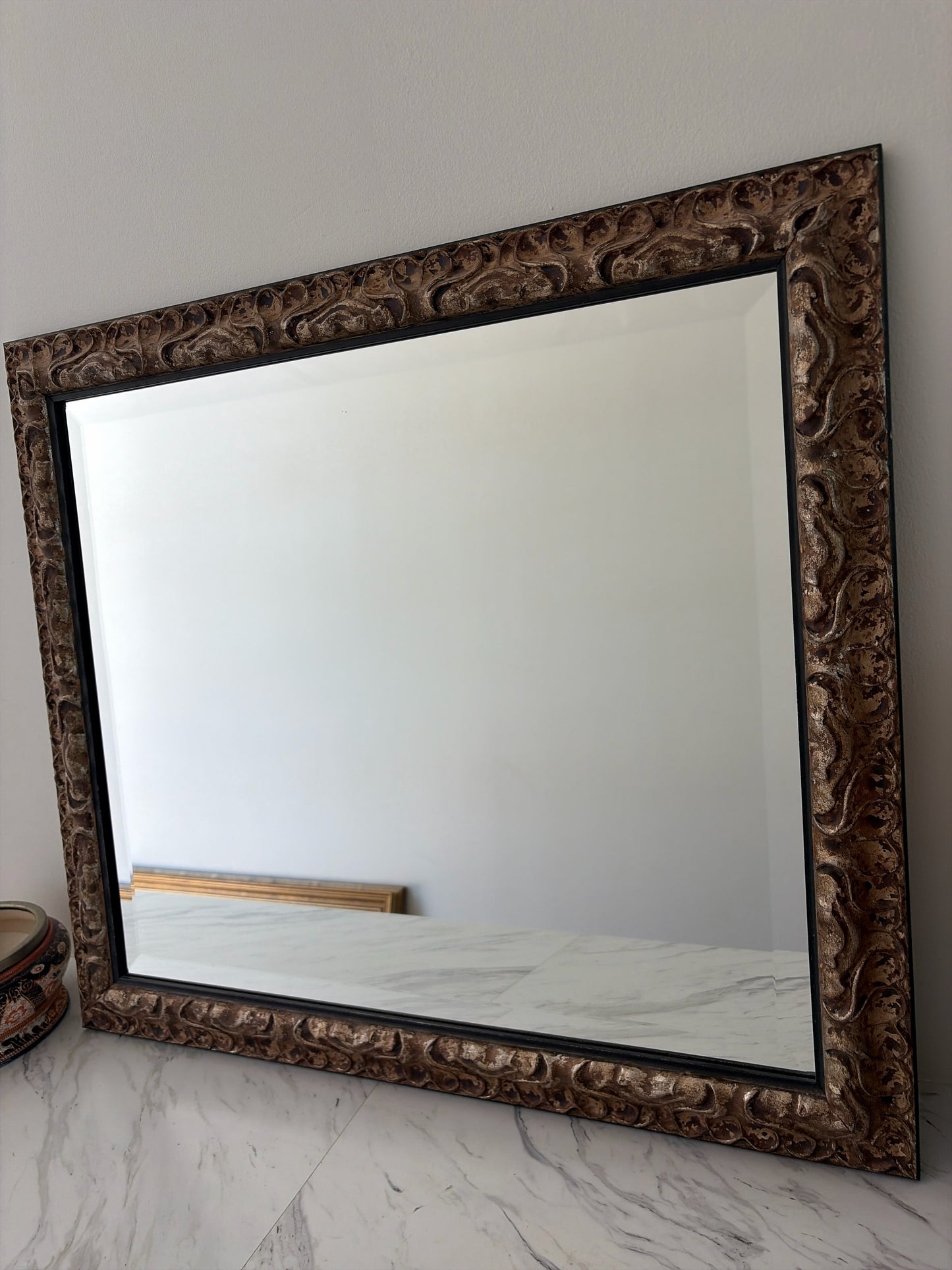 Ornate Beveled Mirror in Baroque Style w/Distressed Gold Finish (34"x 30")