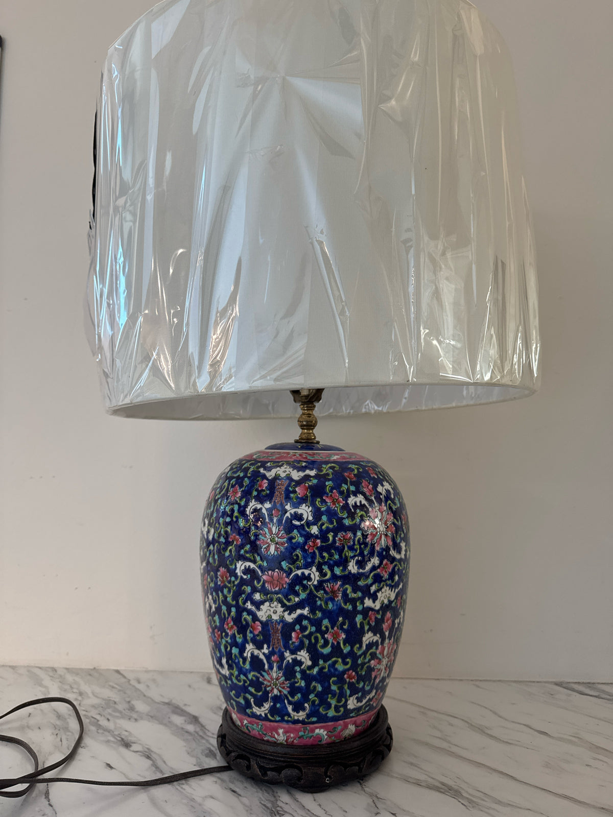 Blue and White Porcelain Melon Jar Lamp on Wood Base w/ White Shade