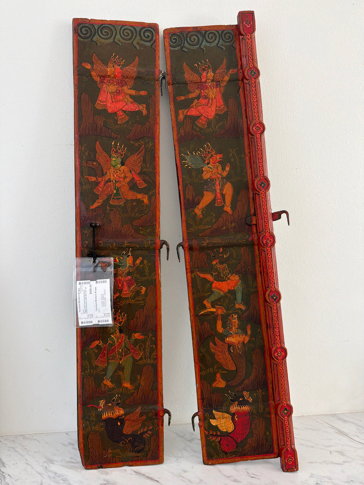 Tibetan Red Tones Painted Wood 2-Piece Frames for Alter Box 34" x 8"