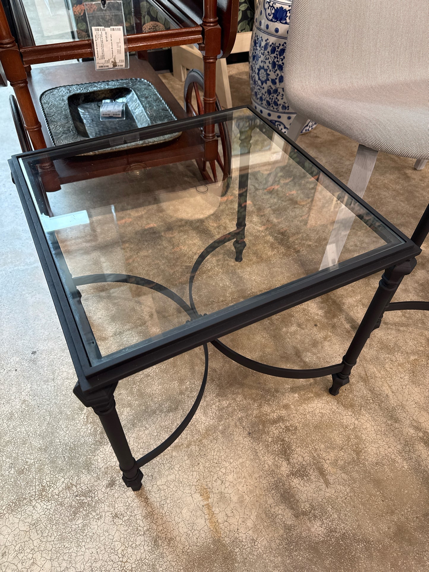 Giacometti Style Black Painted Brass Side Table with Glass Top
