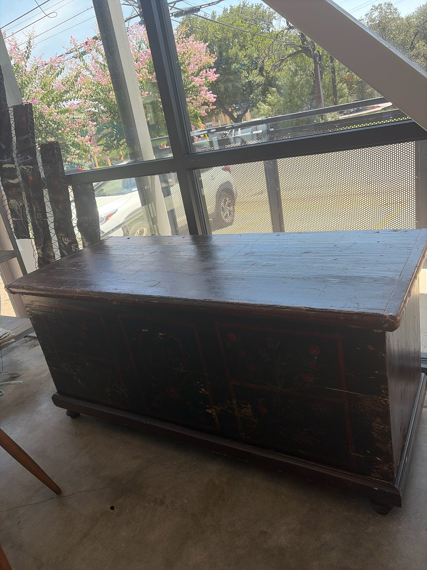 Antique Scandinavian Painted Floral Wood Trunk from Custom House(56x23x25)