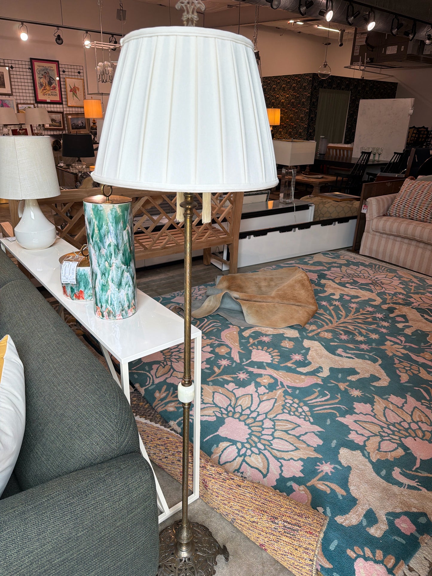Antique Brass Floor Lamp w/ Marble Insert & Pleated Shade