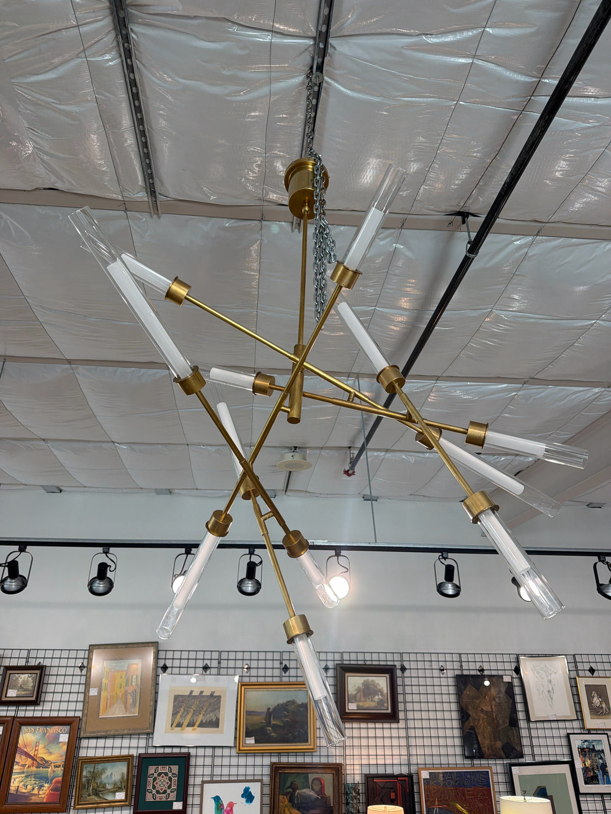 Brass Contemporary 10 Light Frosted Glass Fixture