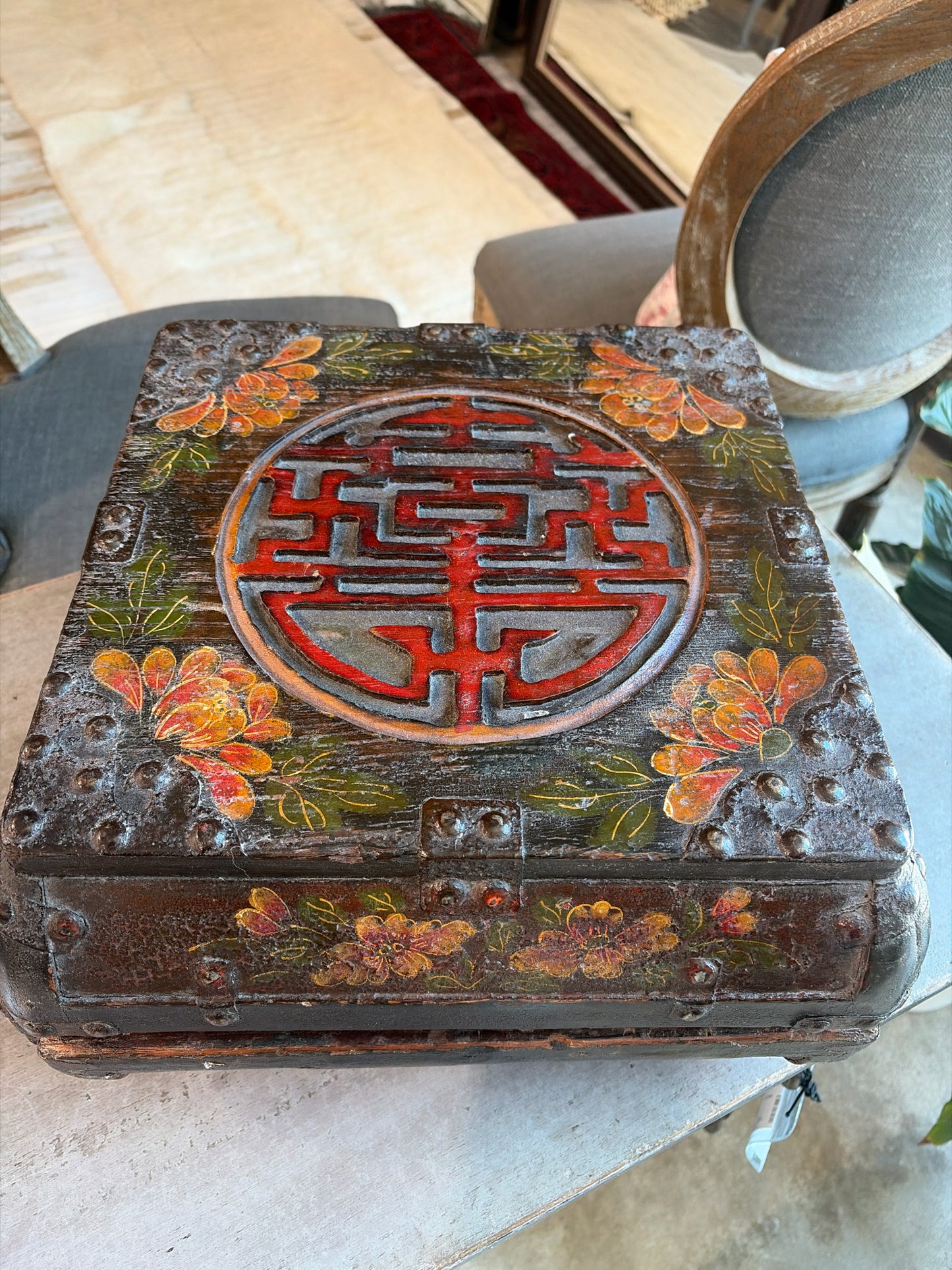 Antique Laquered Floral Asian Box w/ Lid and Caligraphy Longevity