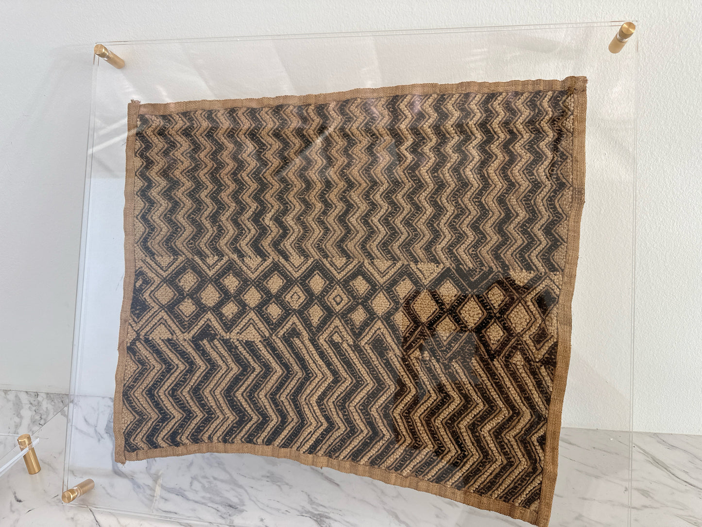 Kuba Cloth in Acrylic Frame- Browns/Tans-25.5 x 23