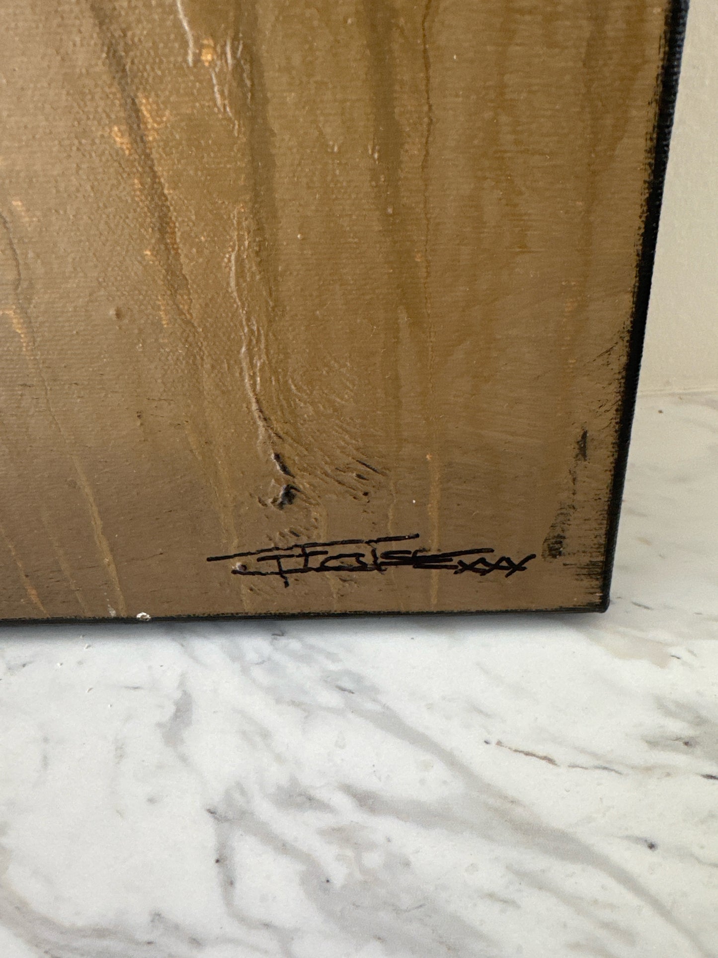 Original Oil Astract Painting in Gold/Taupe/Black (artist signed, 60" x 24")