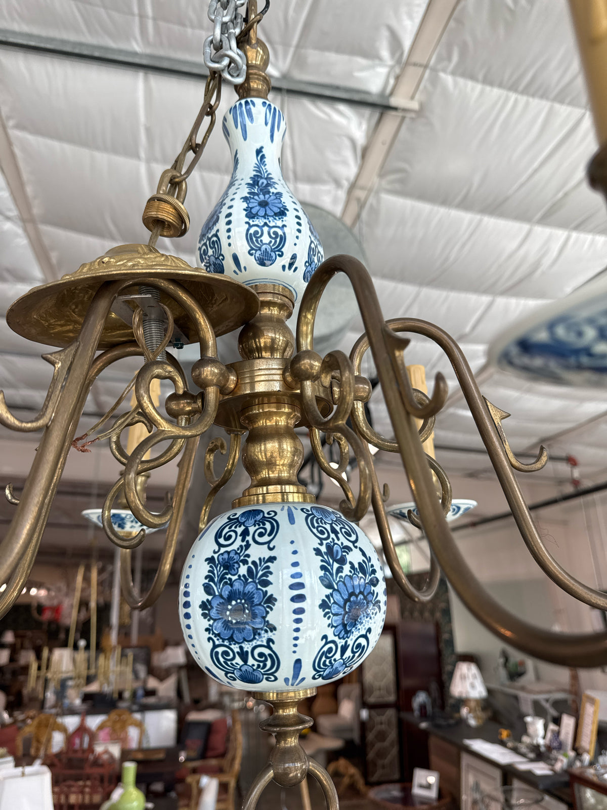 Vintage Blue & White Delft Porcelain and Brass 6-Light Chandelier