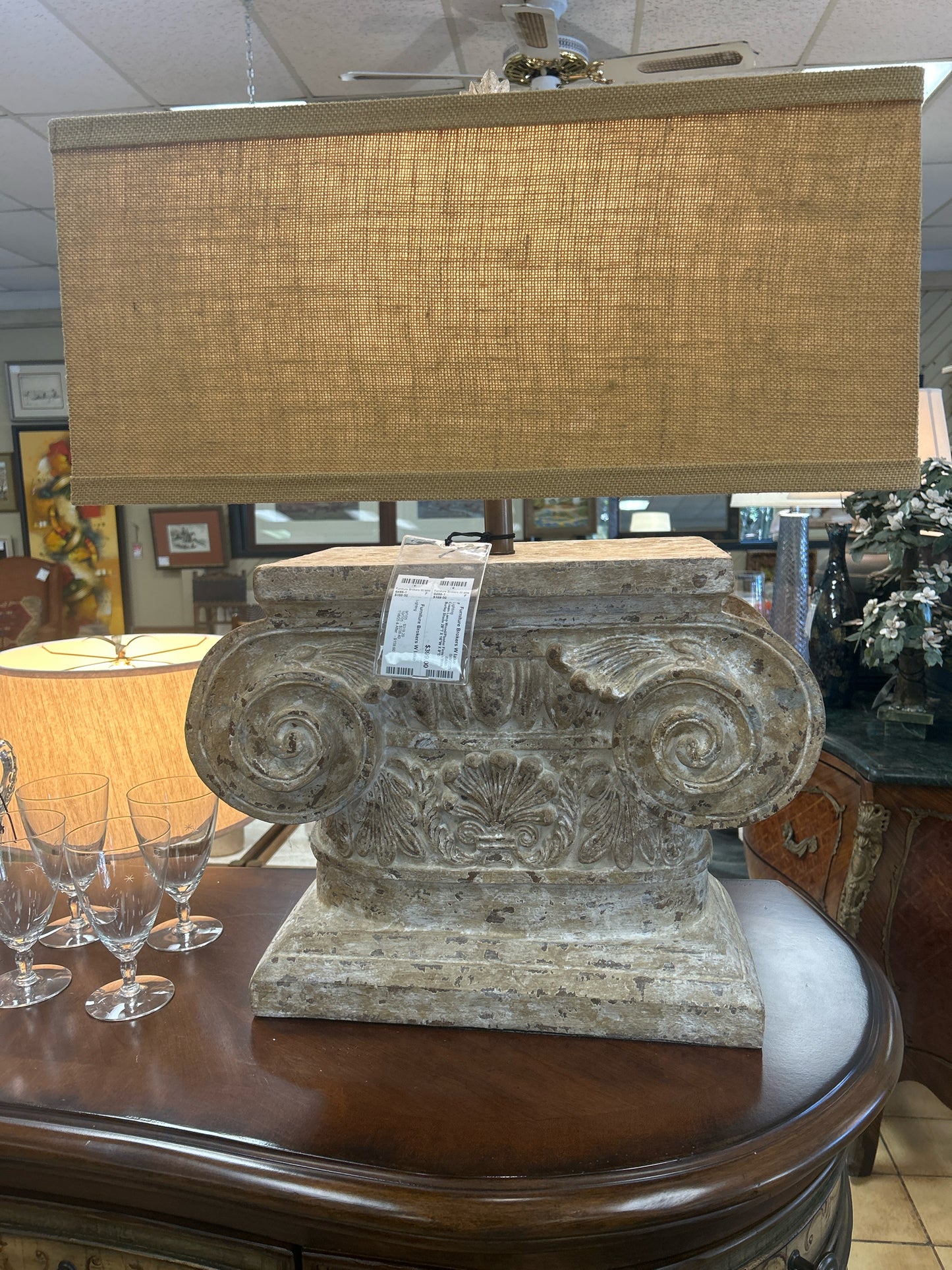Cream Lamp Wood/Plaster Finish With Burlap Shade 28"T X 16"W X 9"D