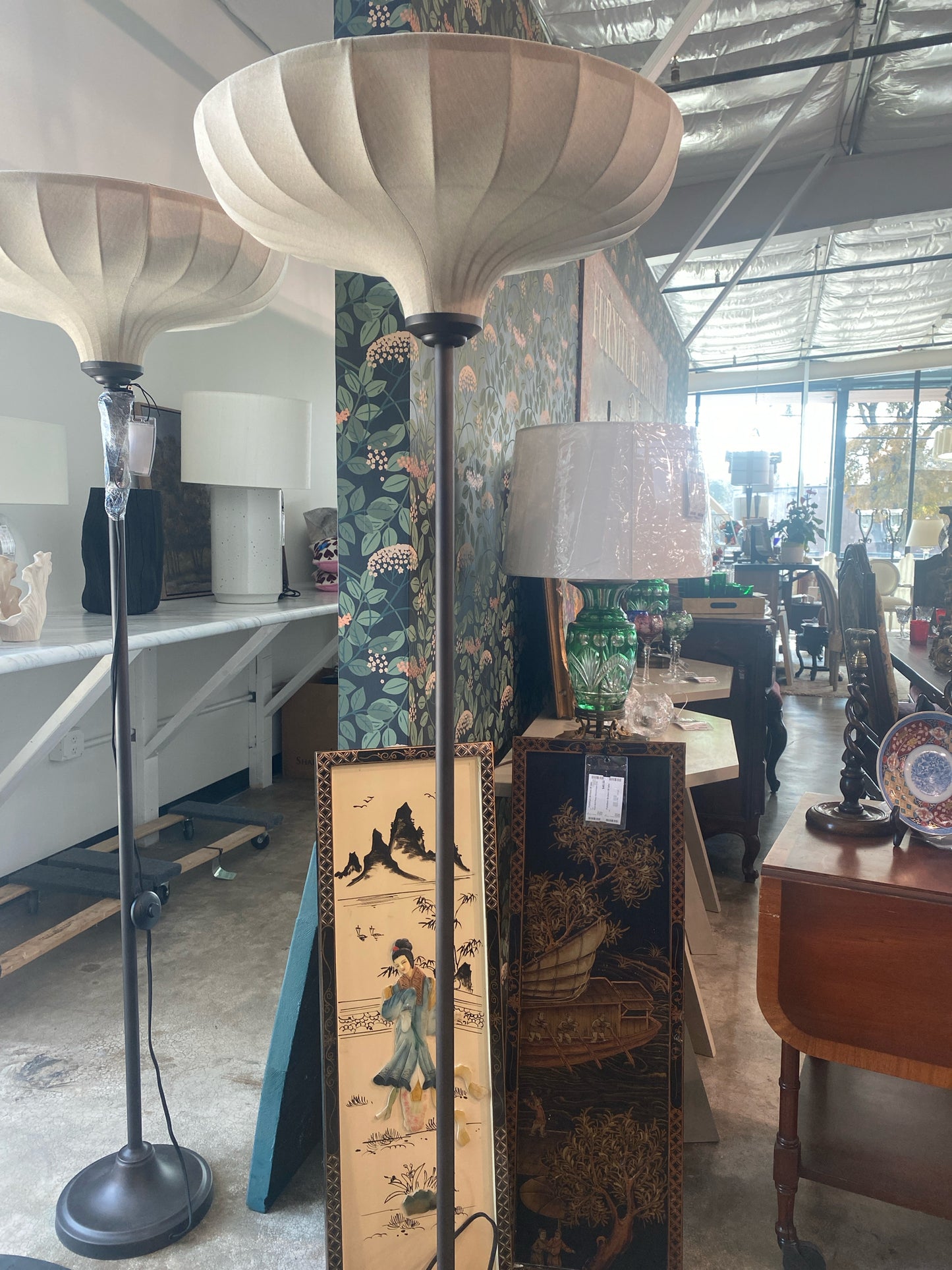 Four Hands "Winslett" Floor Lamp w/Linen Taupe Bowl Shade 68" H