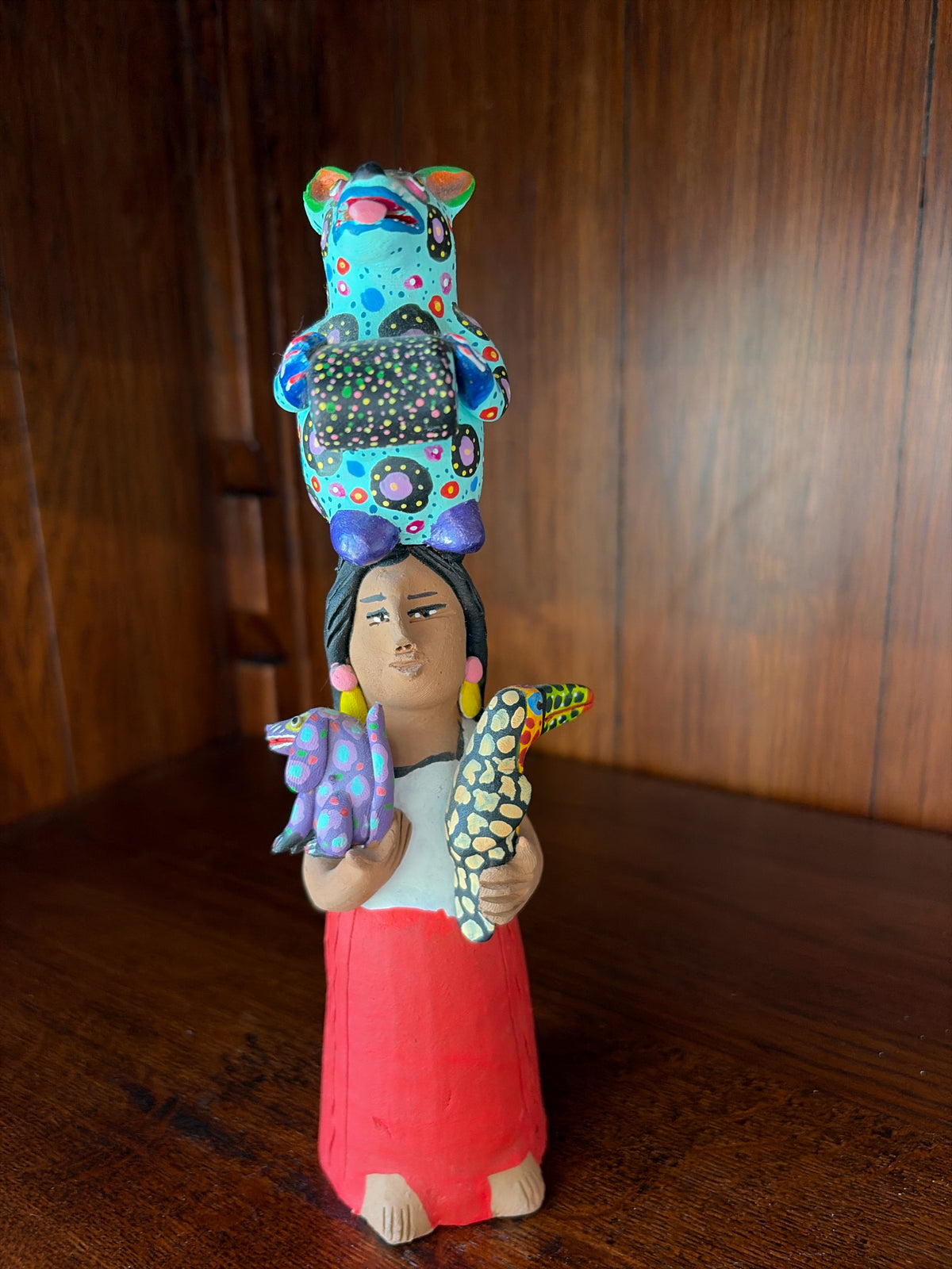 Signed Mexican Oaxacan Red Clay Folk Art-Woman w/Creatures by Josefina Aguilar
