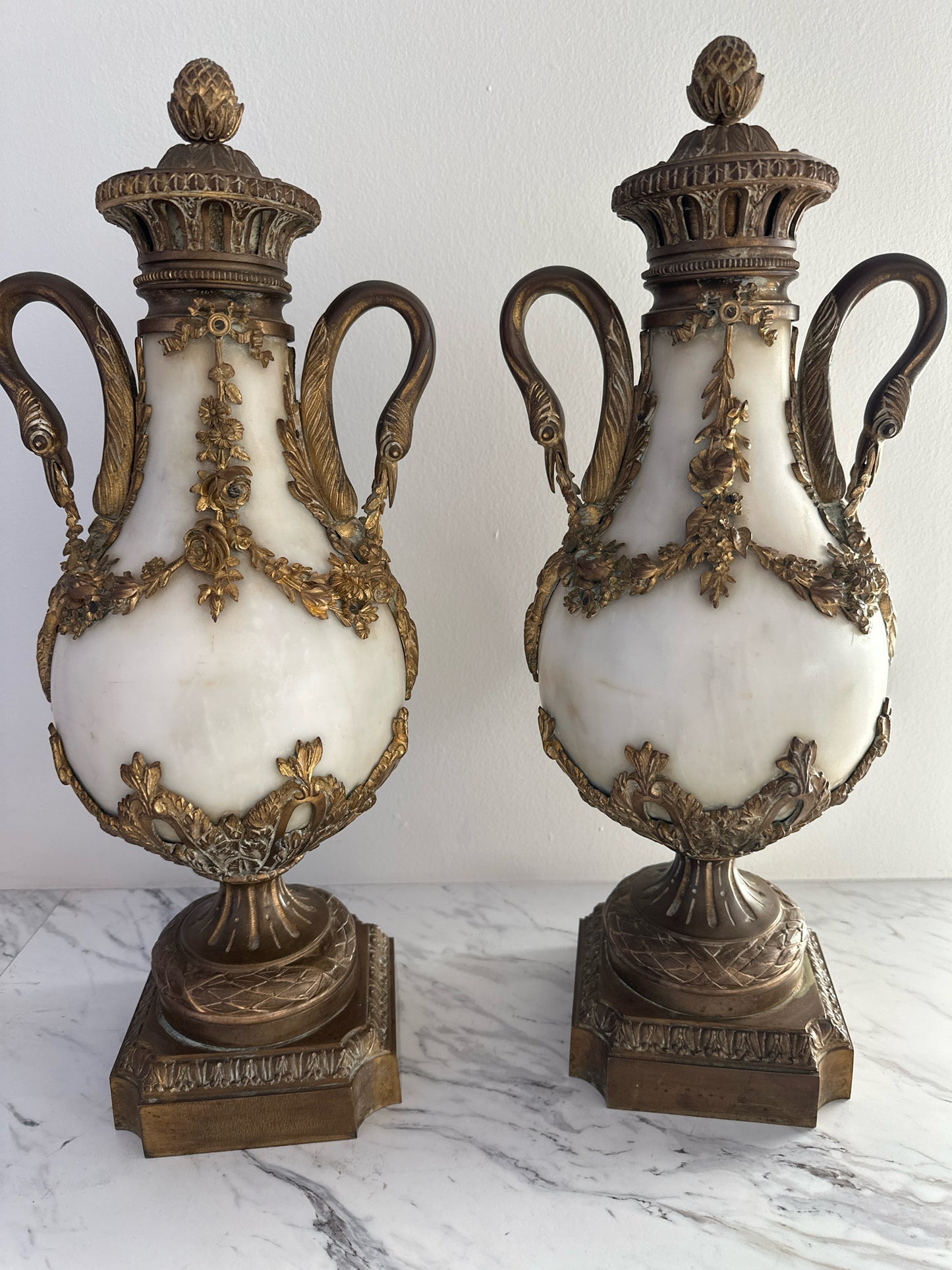 PAIR Antique French Empire Carrera Marble Bronze Cassolette Urns