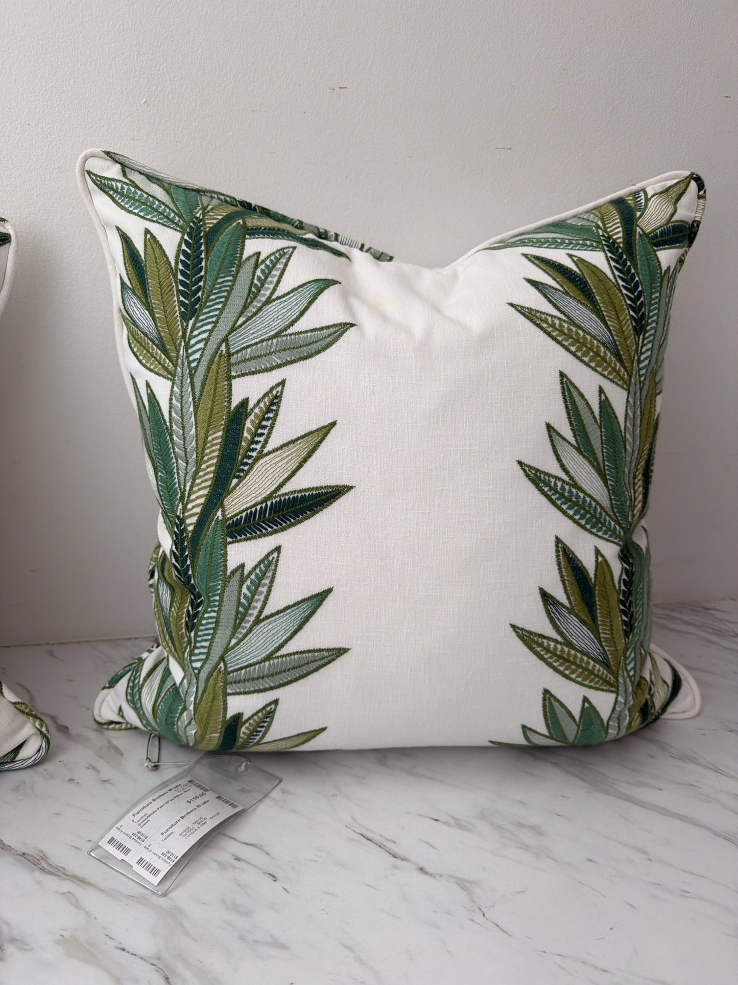 Green/White Palm 22"sq Pillow- New Insert