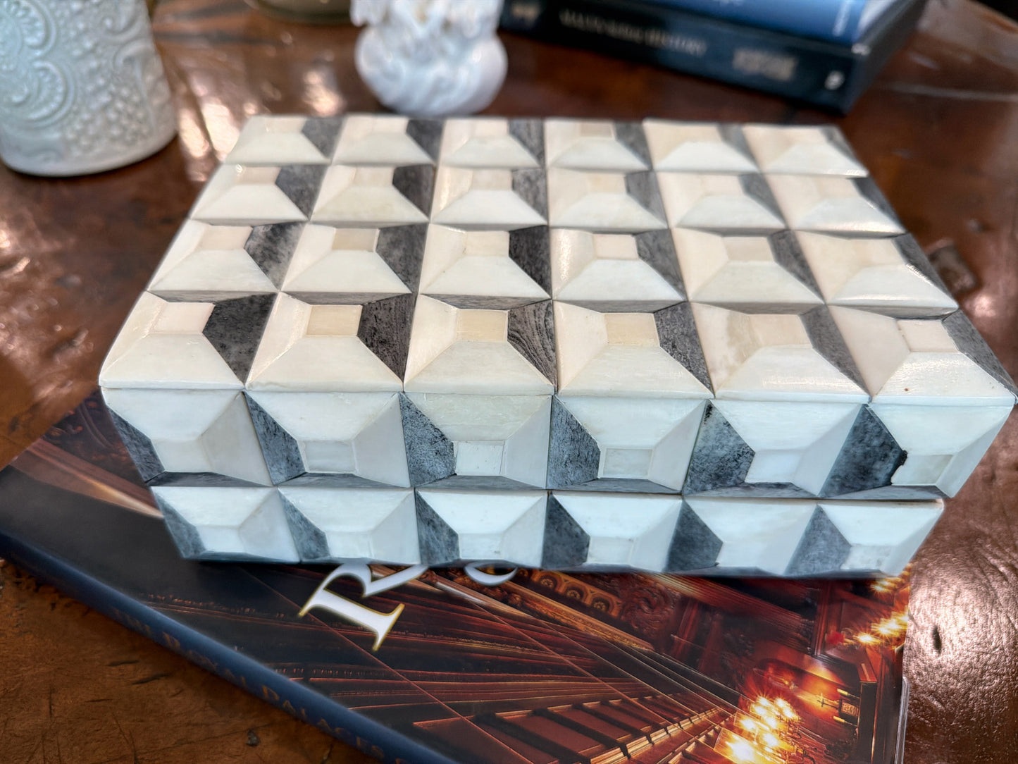 Back Home Cream/Grey Geometric Wood Box