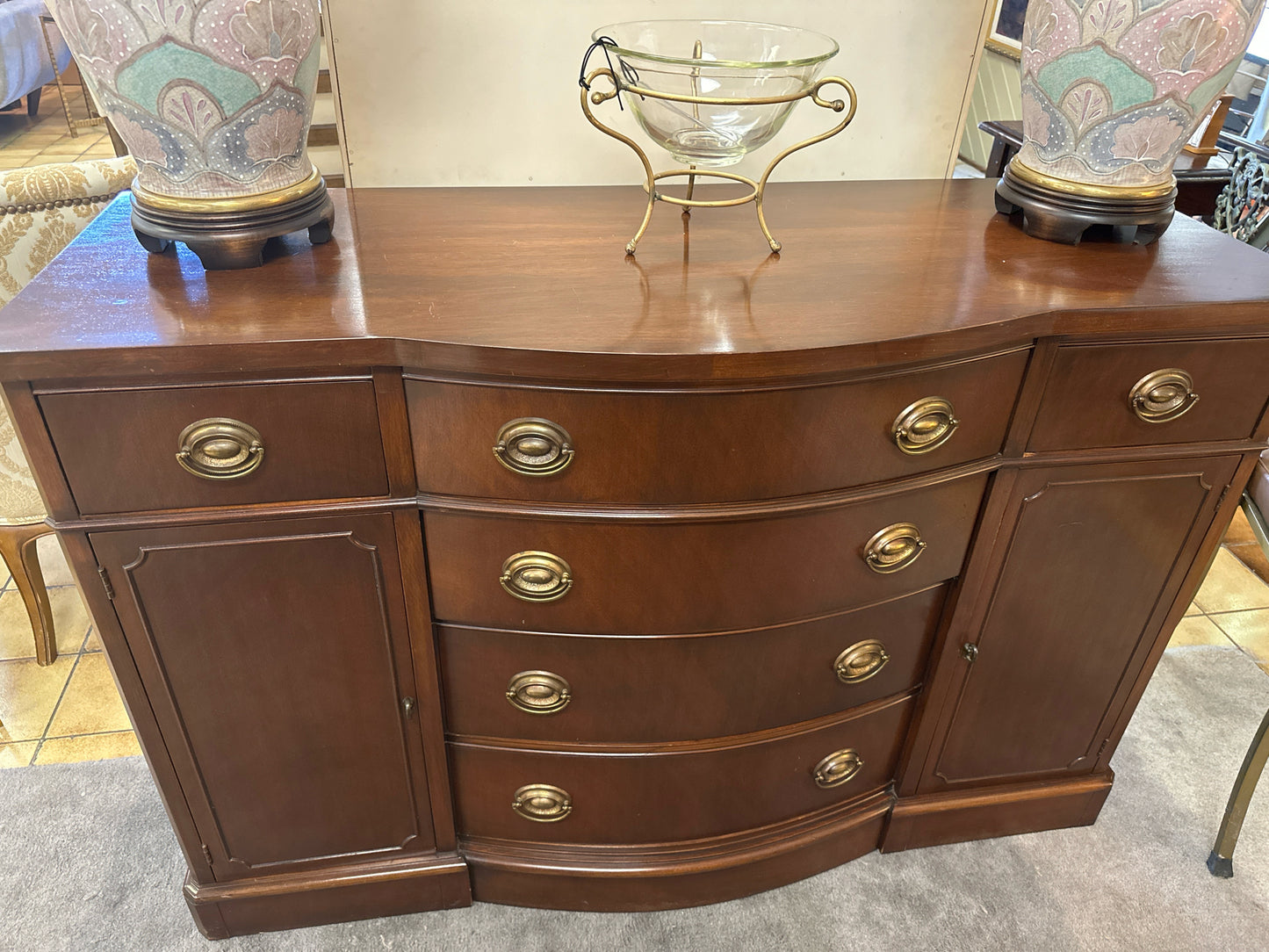 Buffet Drexel w 6 Drawers 2 Doors Dark Wood Brass Hdw.