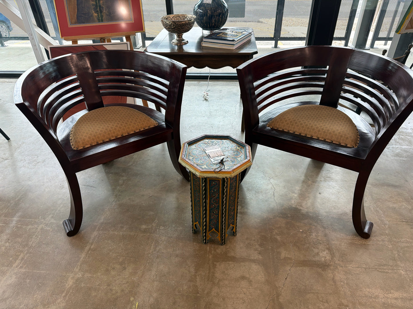 PAIR Solid Teak Indonesian Upholstered Seat Curved Arm Chairs