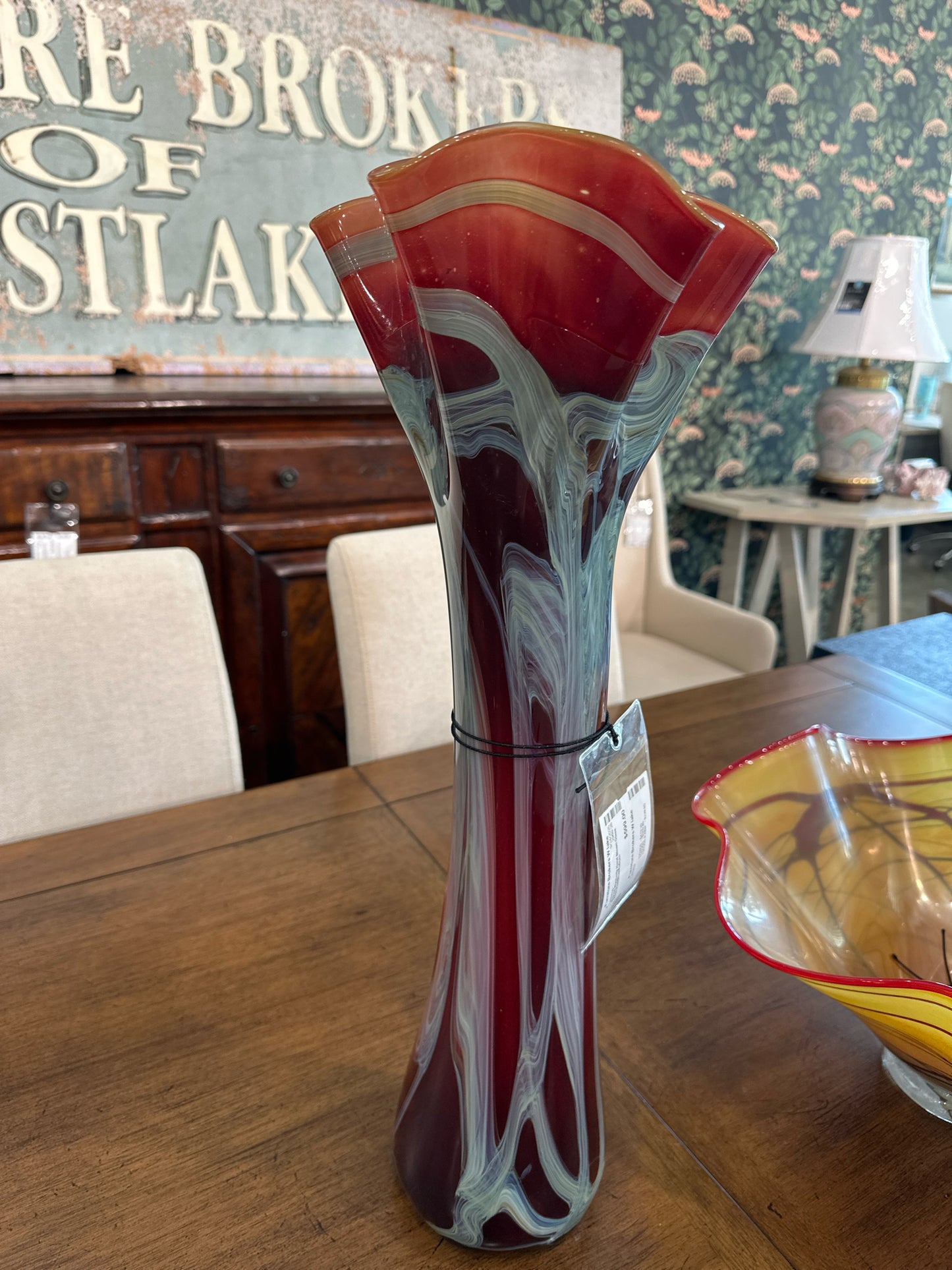 Signed Wimberly Hand Blown Glass Vase Red/Blue/Auburn