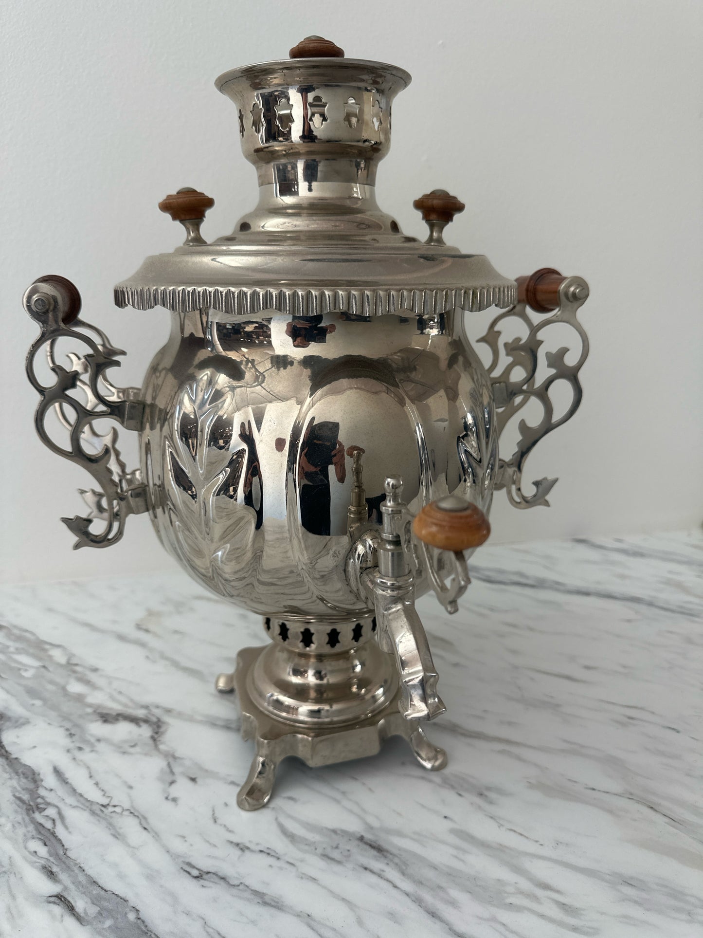 Silver Plate Russian Samovar w/ Wood Detail