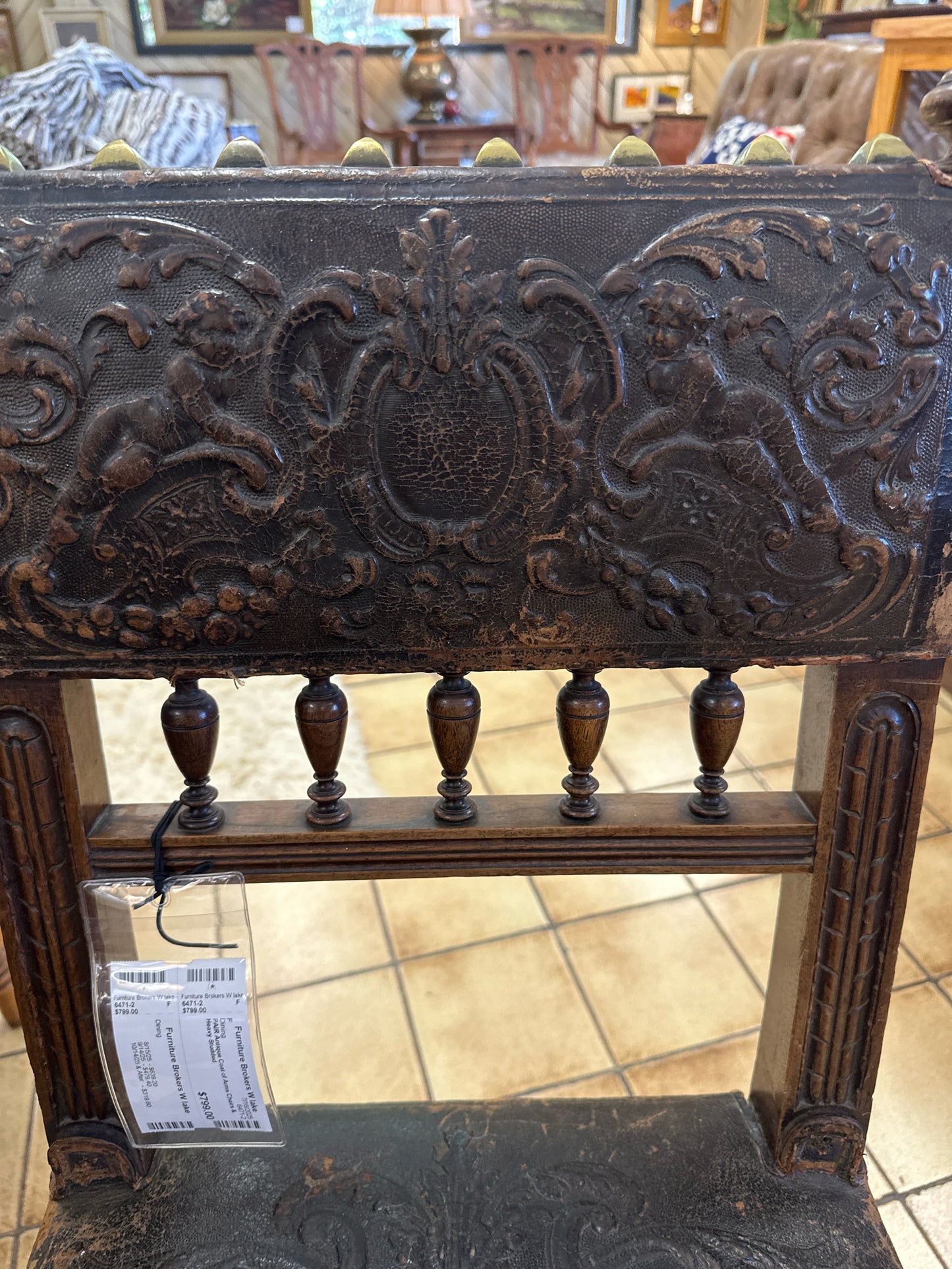 PAIR Antique Coat of Arms Chairs & Heavy Studded