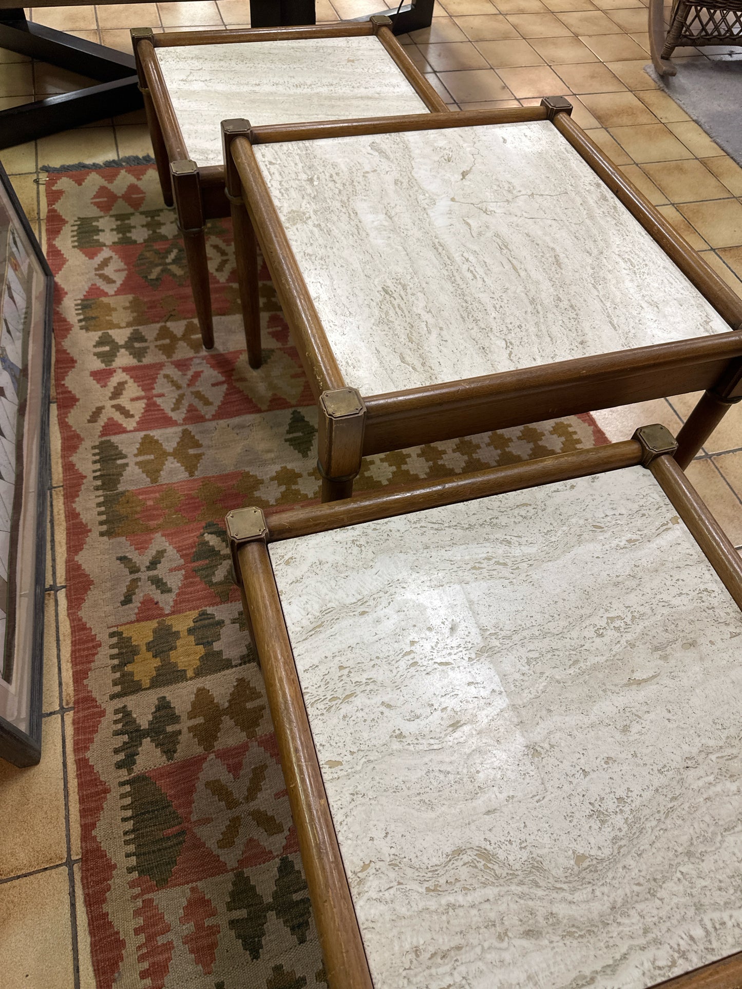 SET of 3 MCM Italian Marble Tops Wood Brass Detail Tables