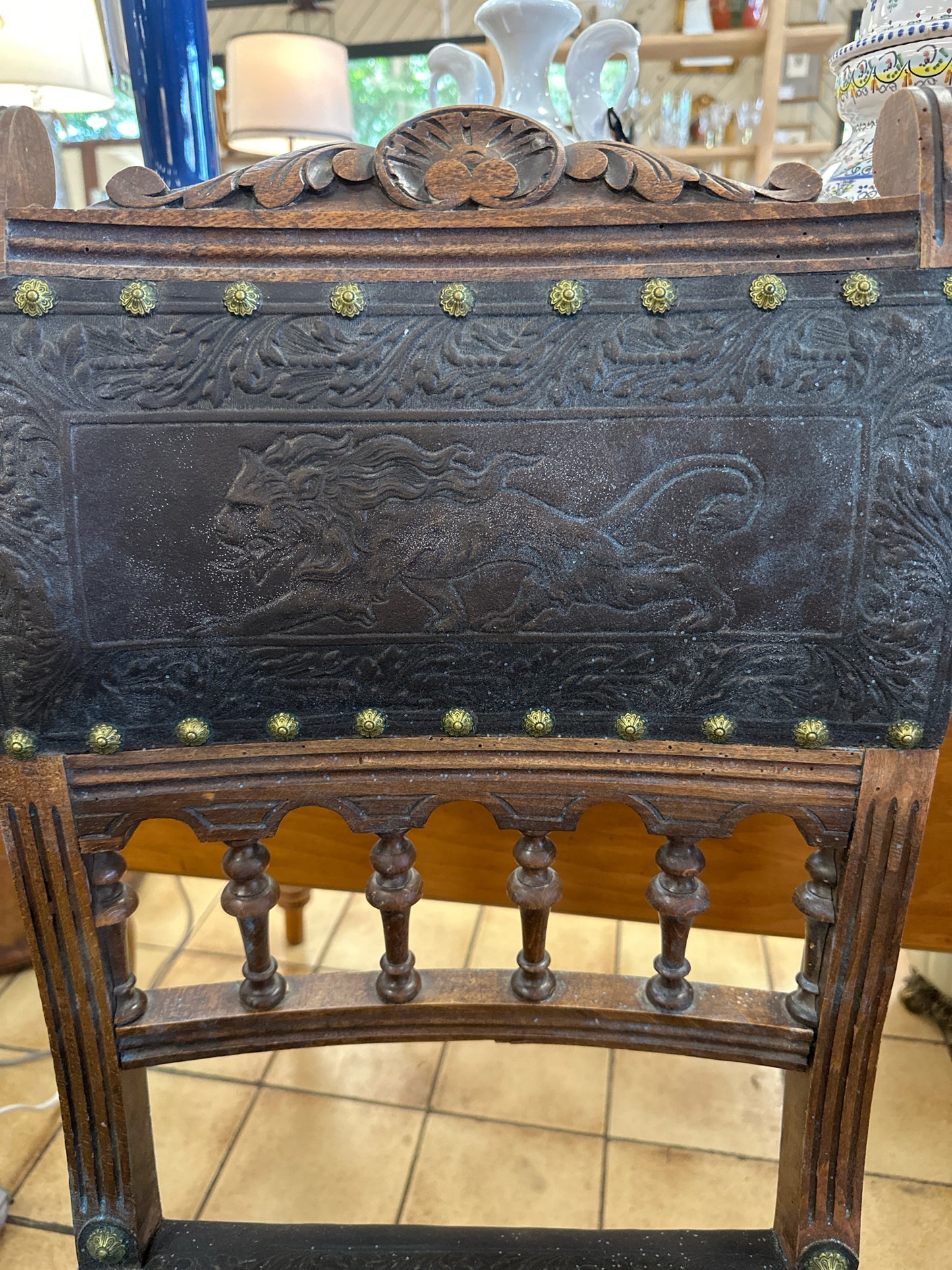 PAIR Carved Antique Coat of Arms Chairs w/ Nail Head Trim