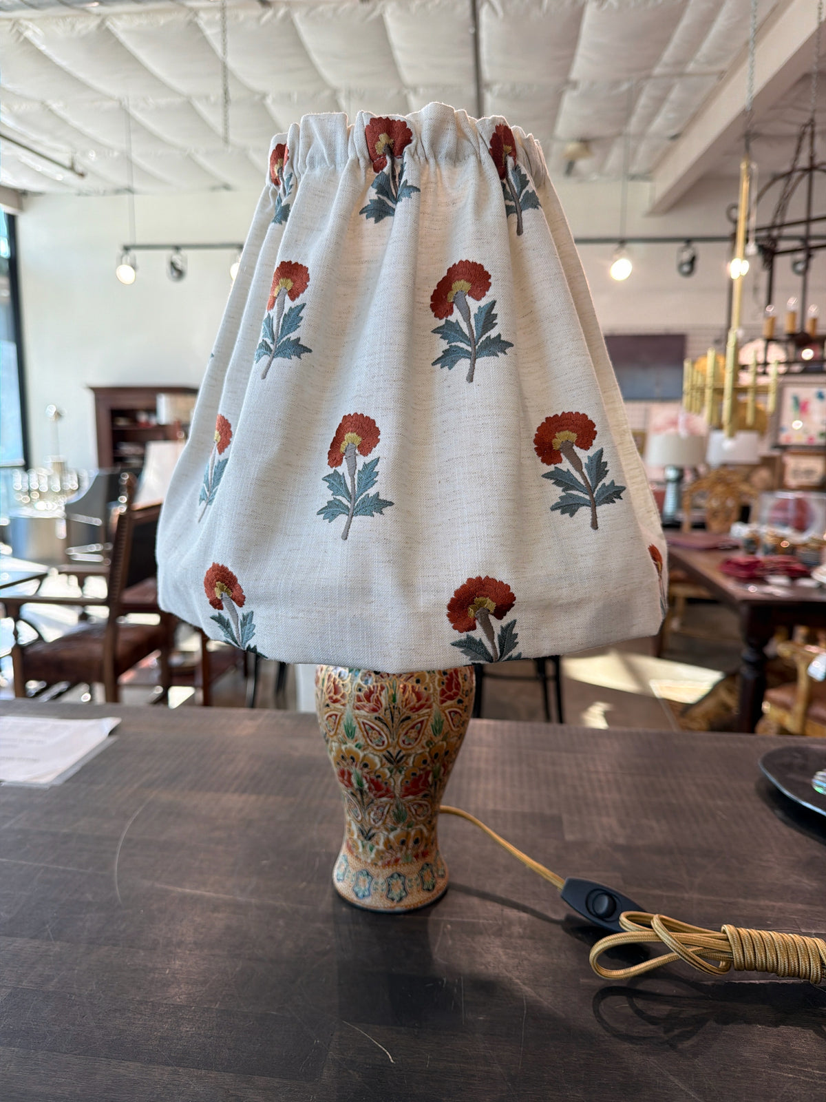 Satsuma Hand Painted Floral Vase Lamp w/ Custom Linen Shade French Wired
