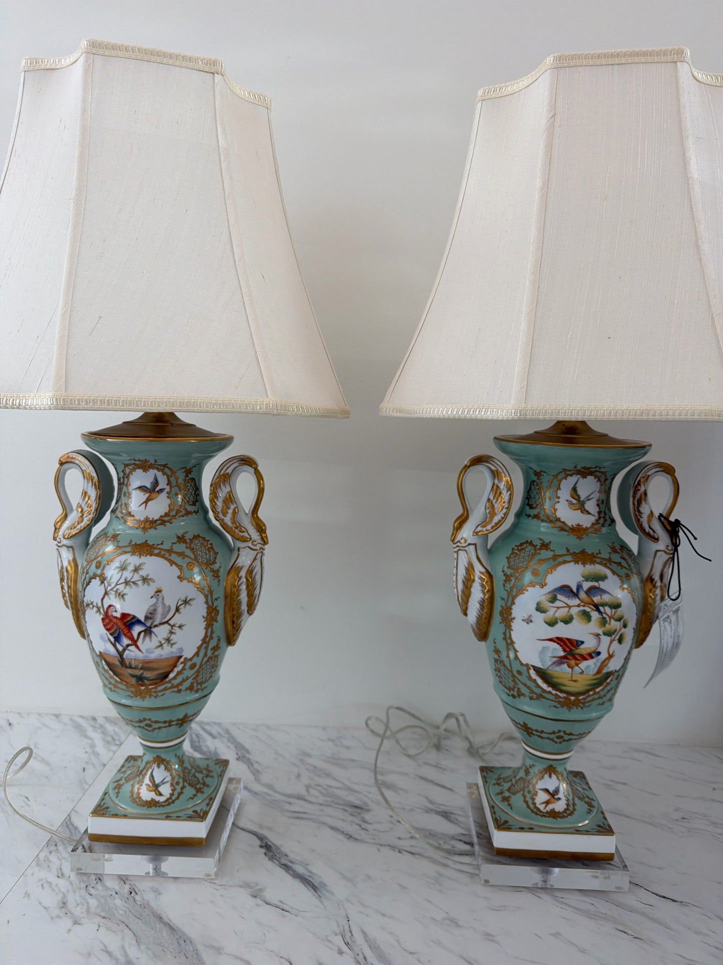 PAIR Chelsea House Bird Urn/Gold Lamps on Acrylic Base
