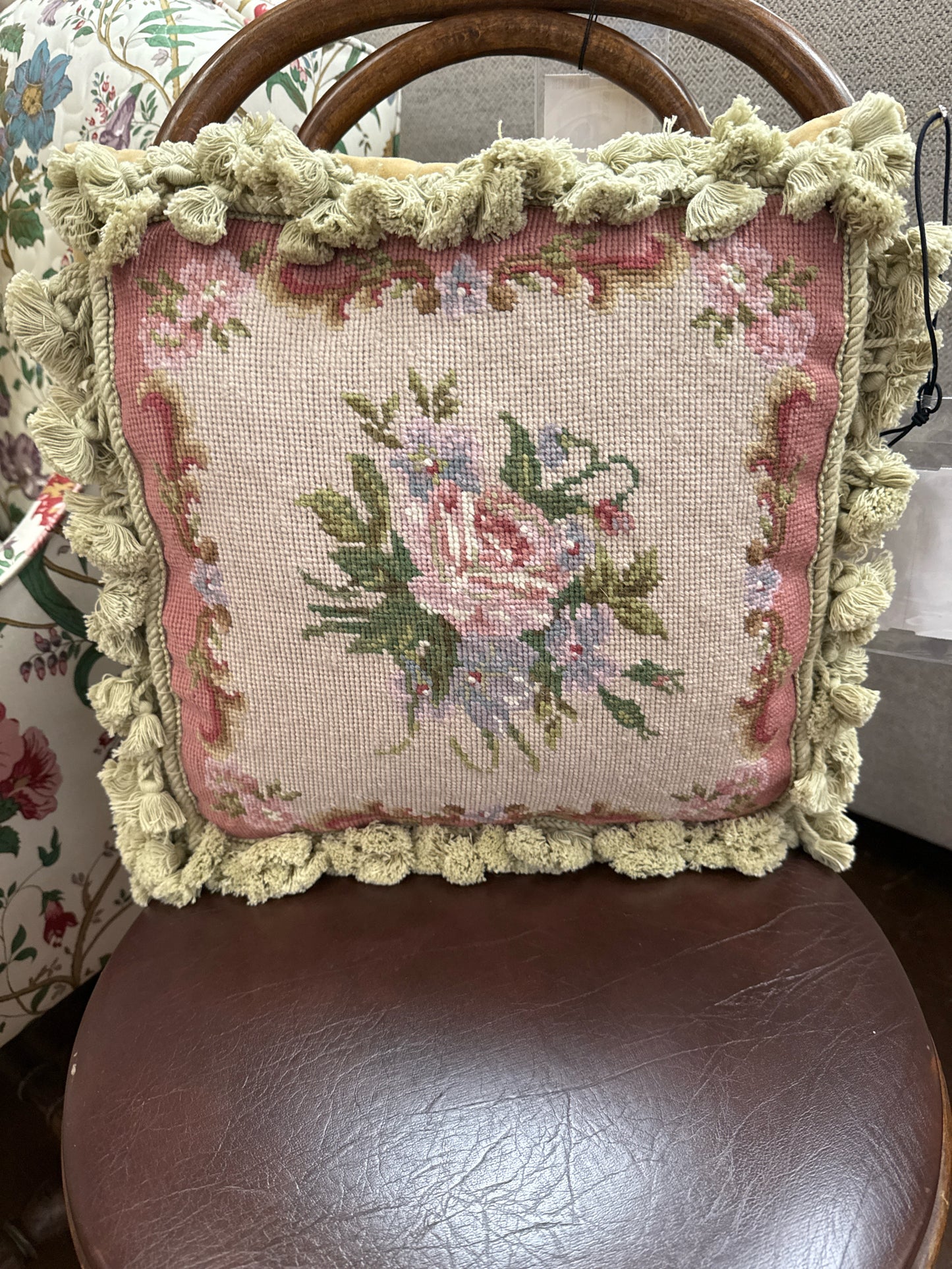 Tapestry Pink Floral Pillow- Square Velvet w/ Fringe (15x15)