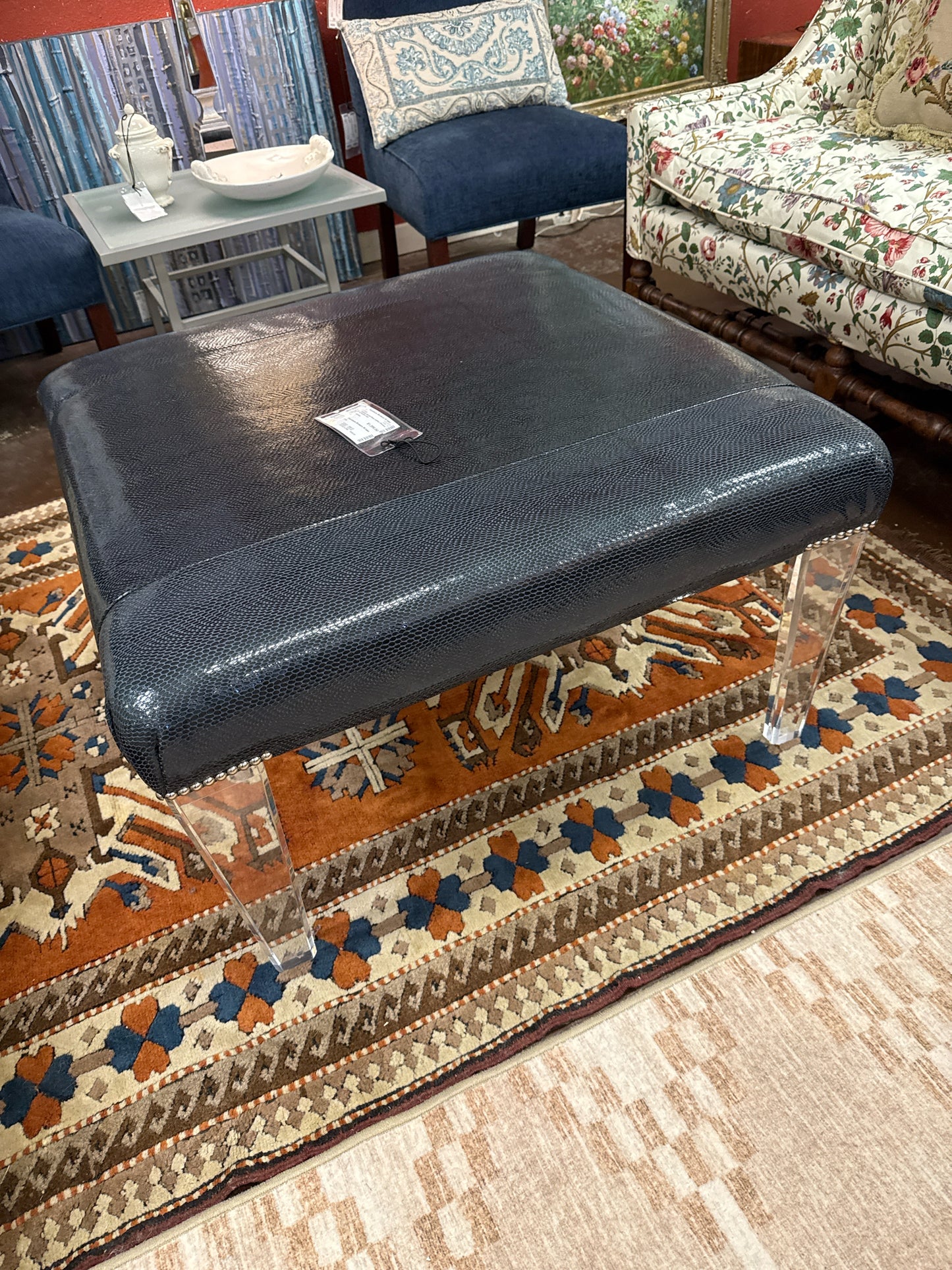 Century Garrett Navy Leather Ottoman w/ Acrylic Legs