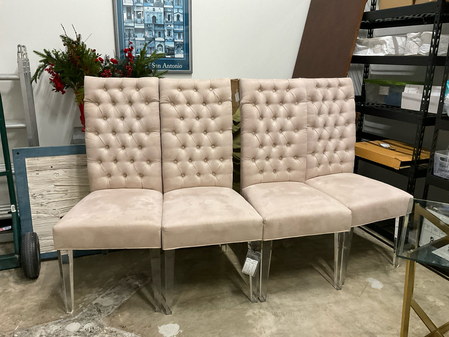 Set of 4 Dining Chairs, Natural Velvet, Tufted w/Acrylic Legs