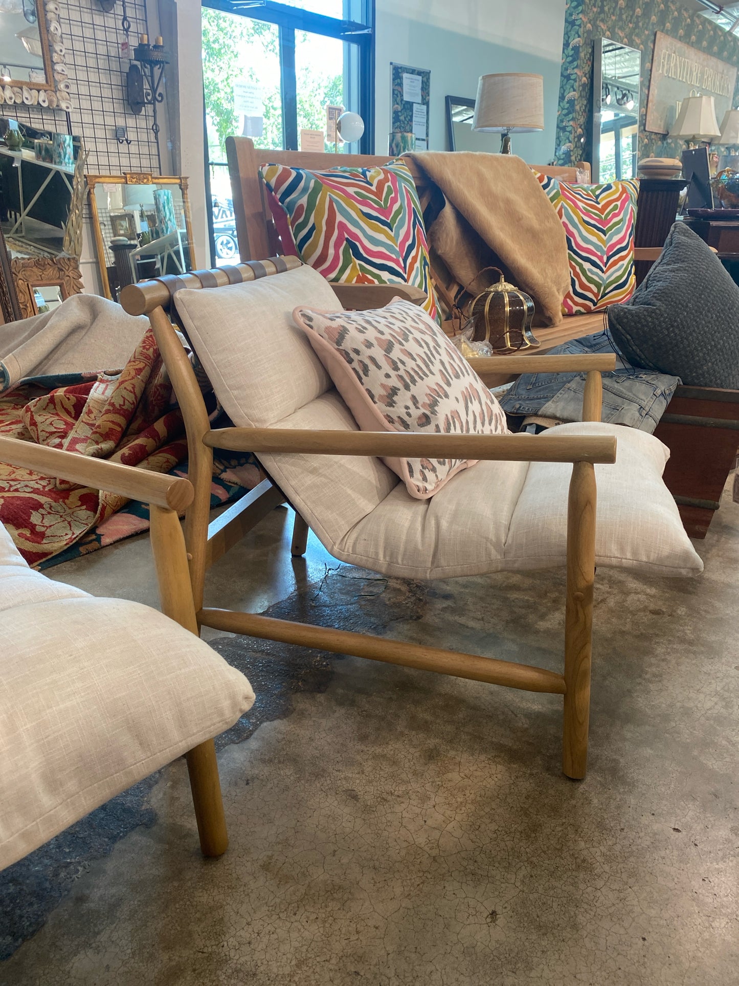 Light Oak Frame Linen Slingback Style Chair from 'Chairus" w/ Leather Back