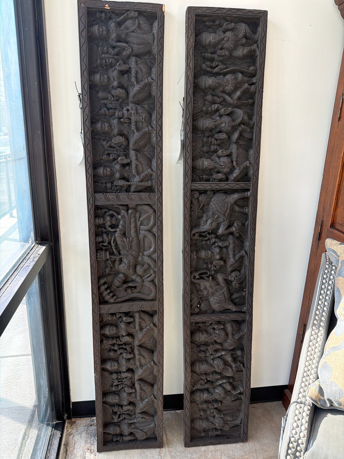 Hindu Rectangle Frame Carved Figures in Dark Wood 72"L x 12"