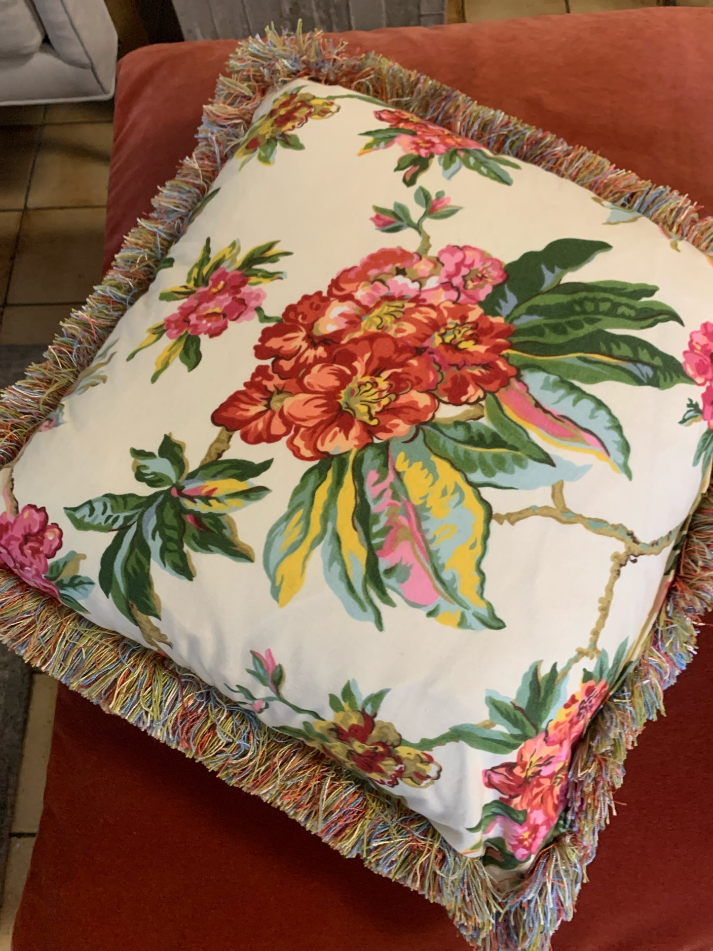 Mutlicolor Floral Square Pillow w/ Colorful Fringe