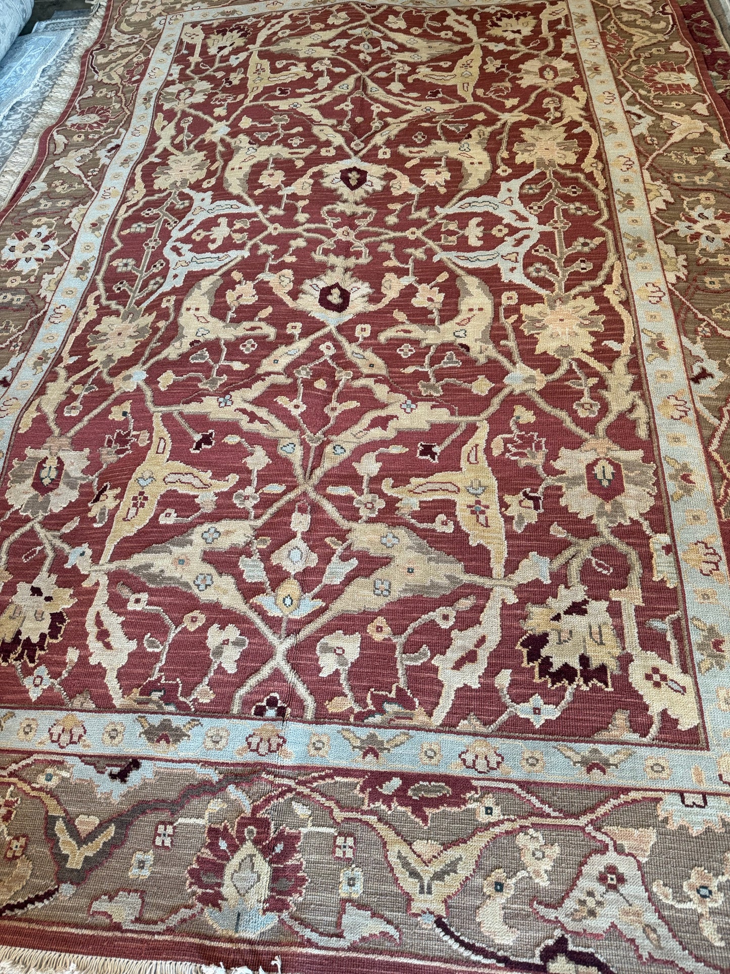 NEW Sufi Wool Hand Woven & Knotted Rug 5'10" x 8'10" Rust/Tan/Blue
