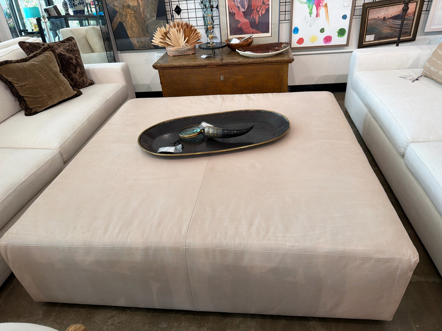 Oversized 60" Tan Leather Coffee Table