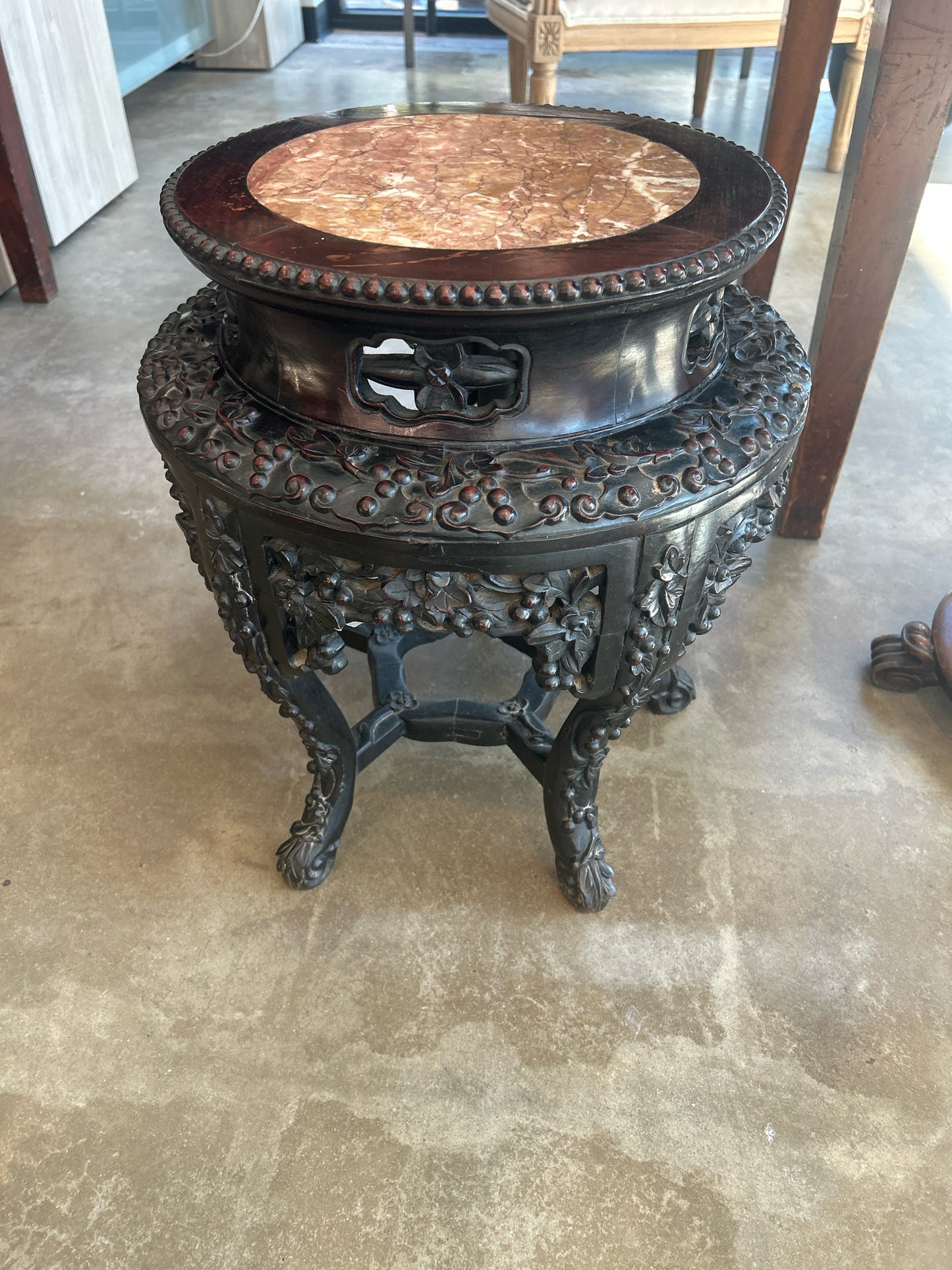 Antique Asian Carved Wood Marble Top Plant Stand