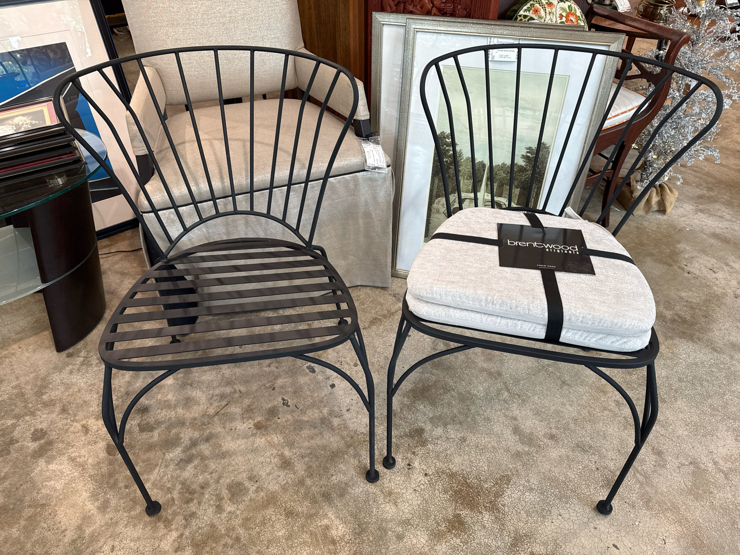 PAIR of World Market Cadiz Black Metal Stacking Chairs with New Tan Cushions