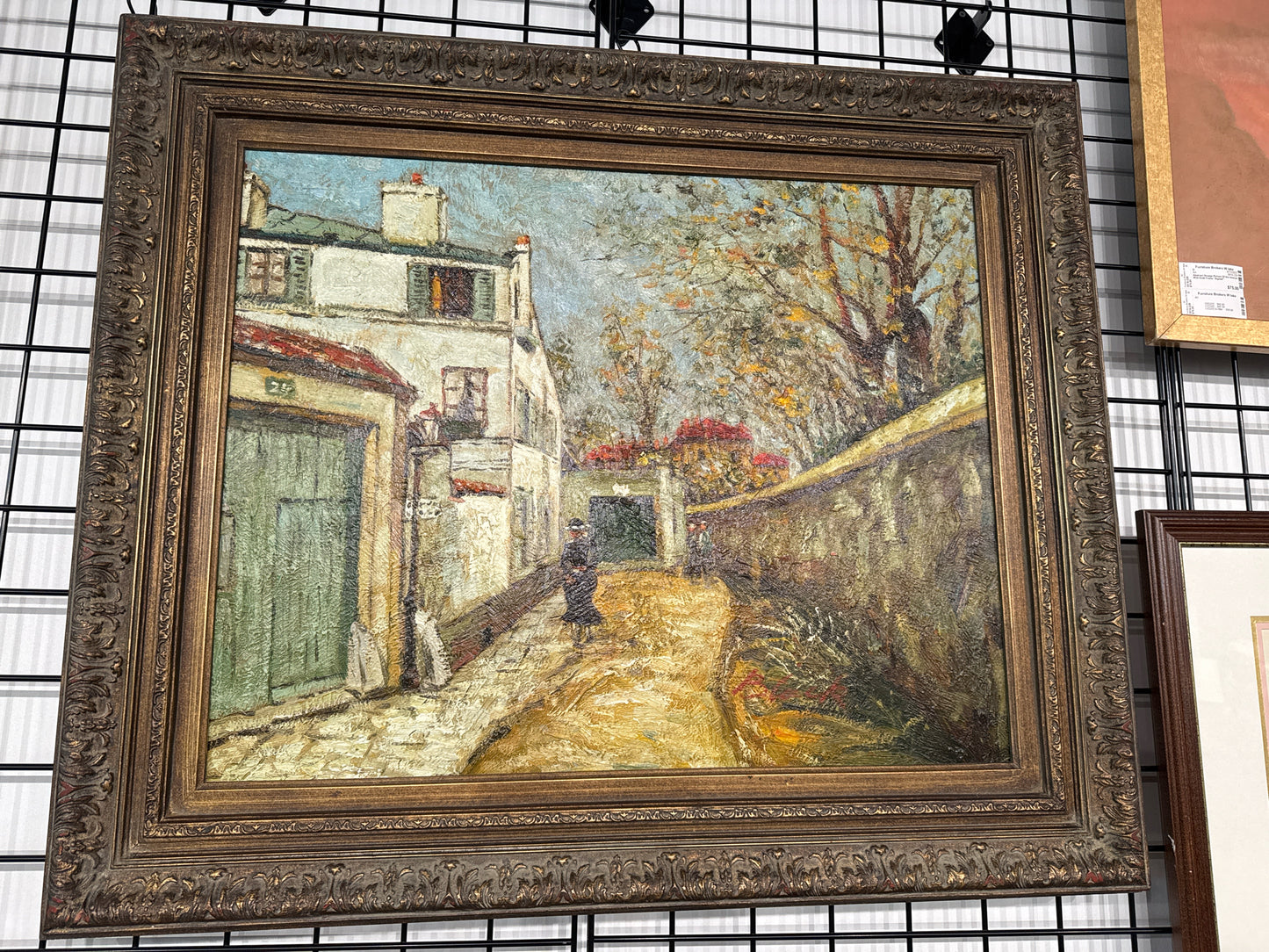 Original Oil Painting of Lady Walking on European Street (signed, 38"x30")