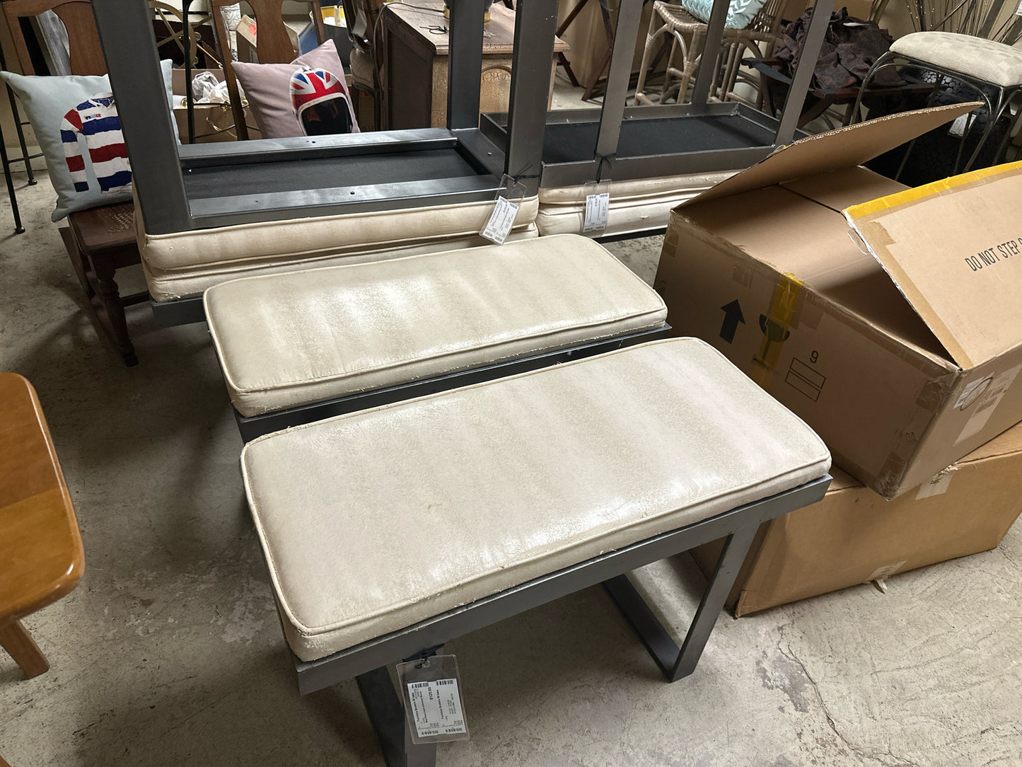 Metal Base Cream Upholstery Bench