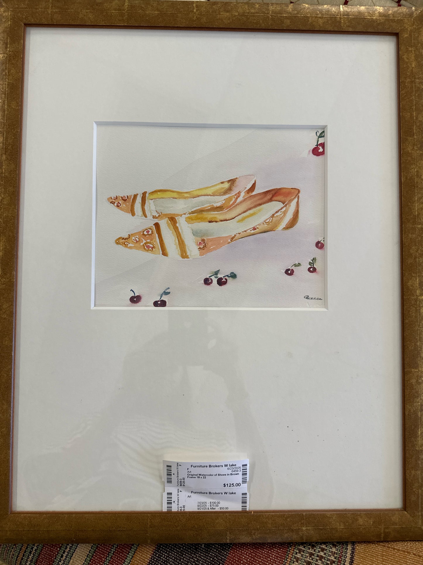 Original Watercolor of Shoes in Brown Frame 18 x 22