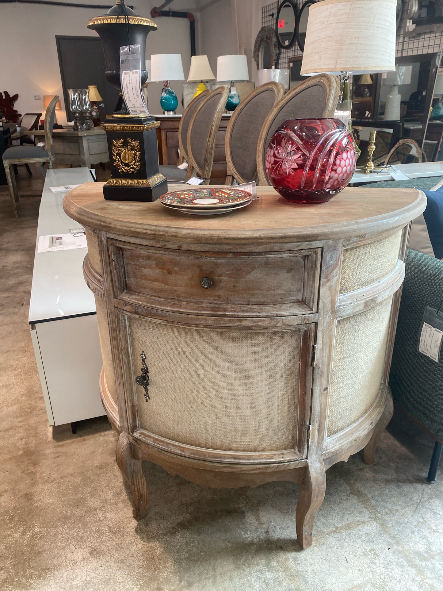 French Country Demi-lune Chest 1-drawer Burlap Accents 36"x18"33"